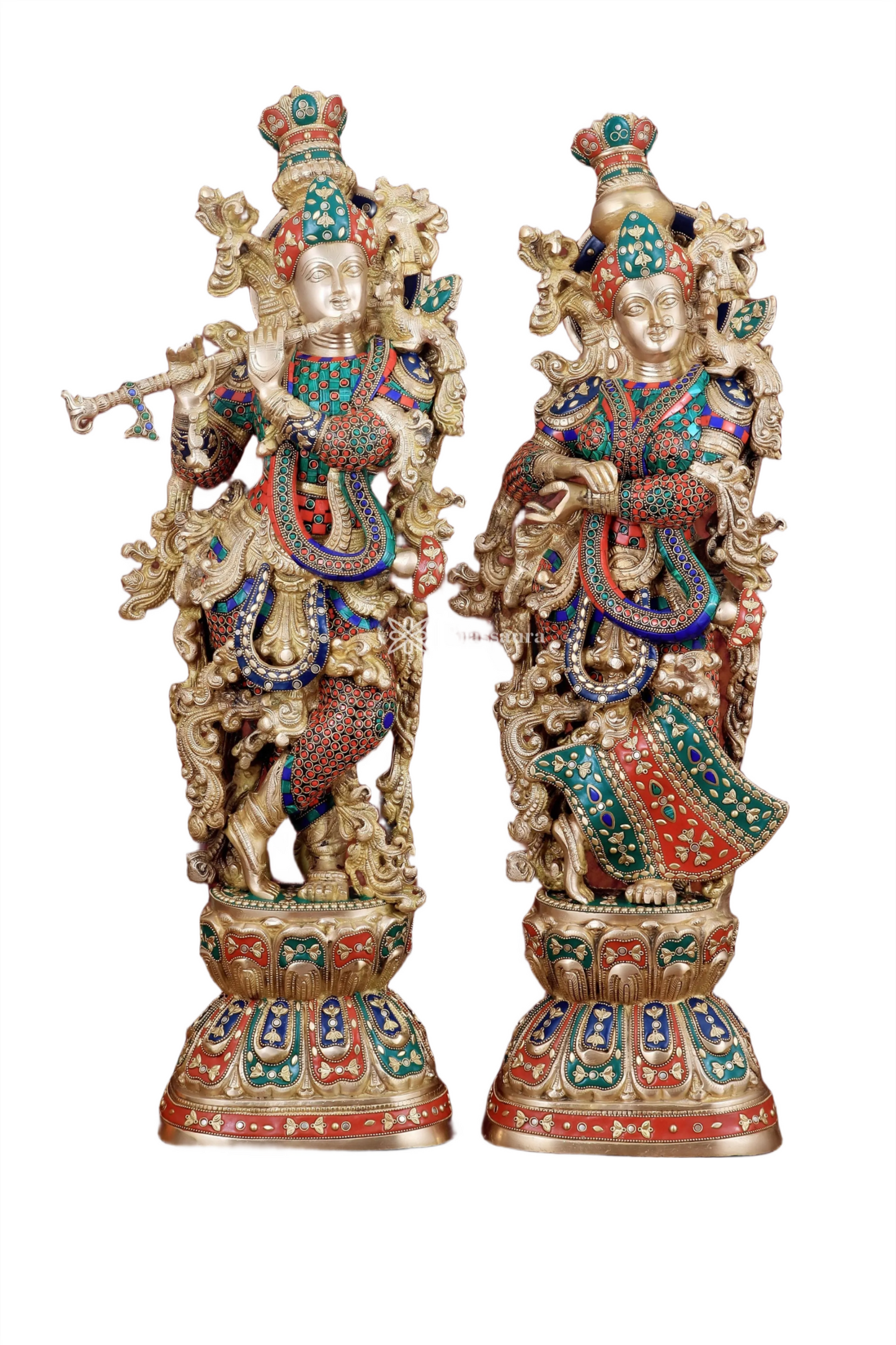 Brassaura™ Handmade Brass Radha Krishna Idol Pair with Meenakari – Height 30 & 29 Inches & Weight 35 Kgs | Elegant Devotional Statues