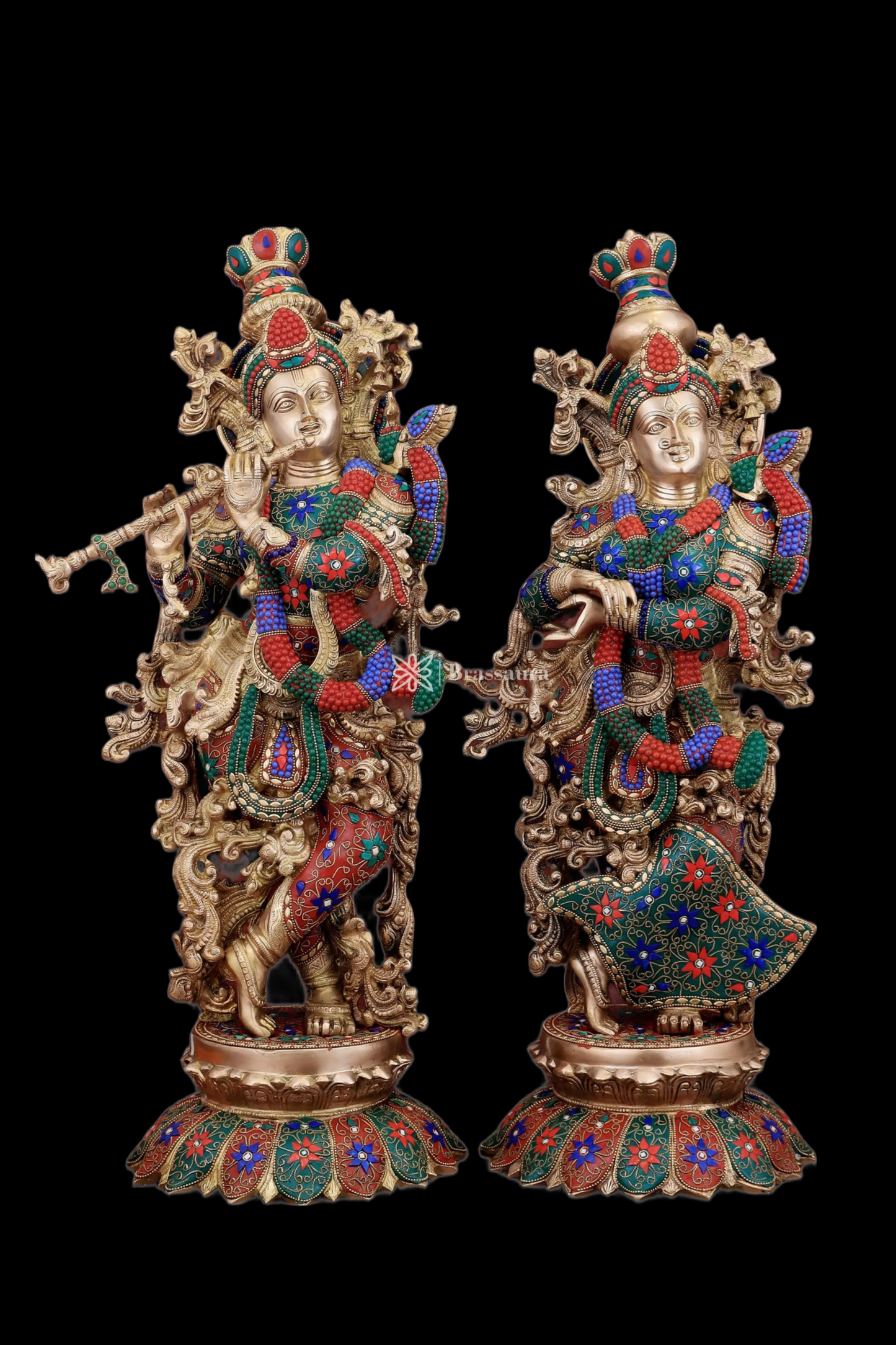 Brassaura™ Pure Brass Radha Krishna Statue with Triple-Layered Meenakari – Height 27 Inches & Weight 40 Kgs | Majestic Devotional Idol