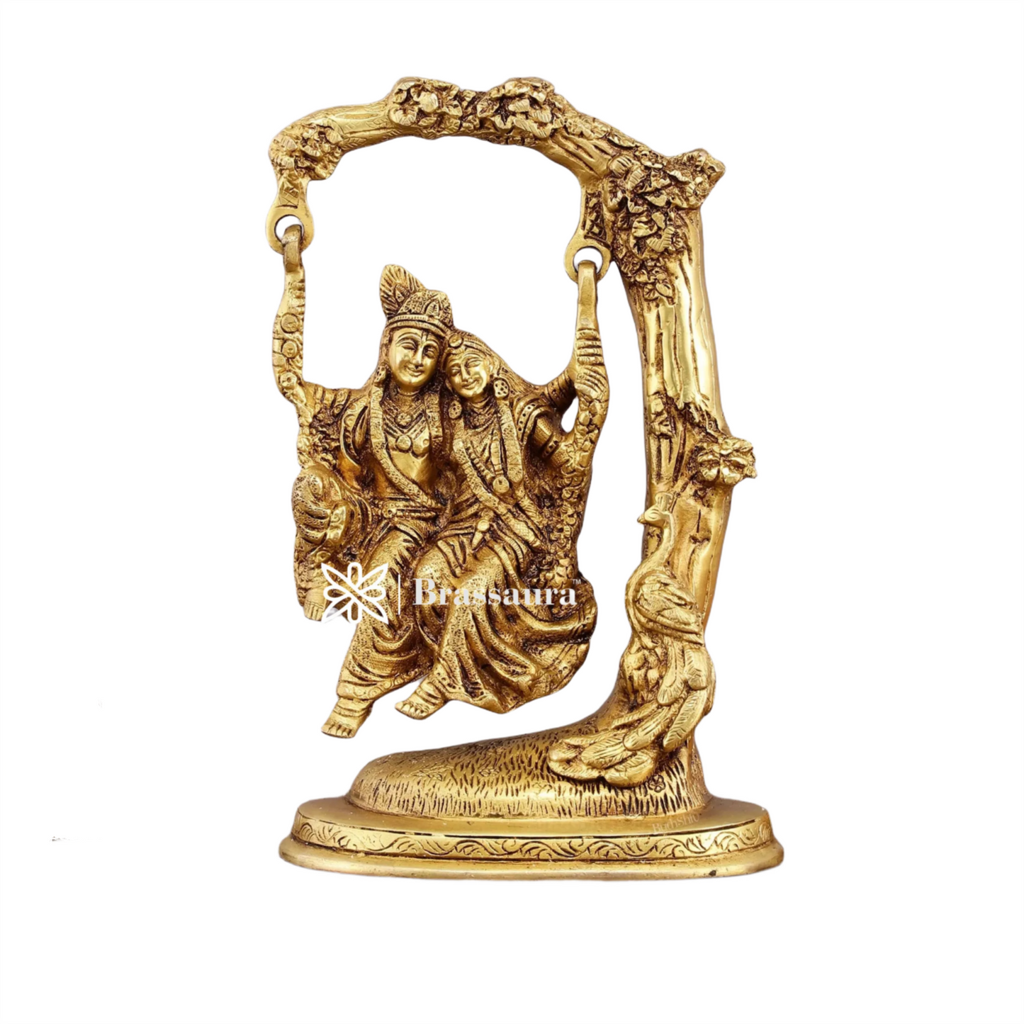 Brassaura™ Pure Brass Radha Krishna Swing – 10.5" Height | 3.10 kg – Divine Tree-Hung Idol for Home Décor