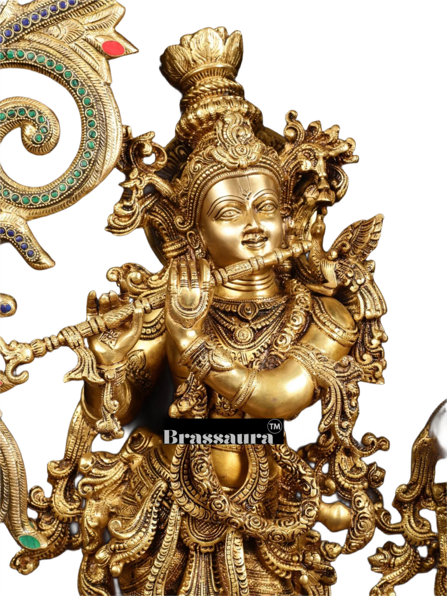 Brassaura™ Brass Radha Krishna Statues with Peacock-Inspired Temple Arch – 45" Height | 67 kg – Majestic Divine Décor
