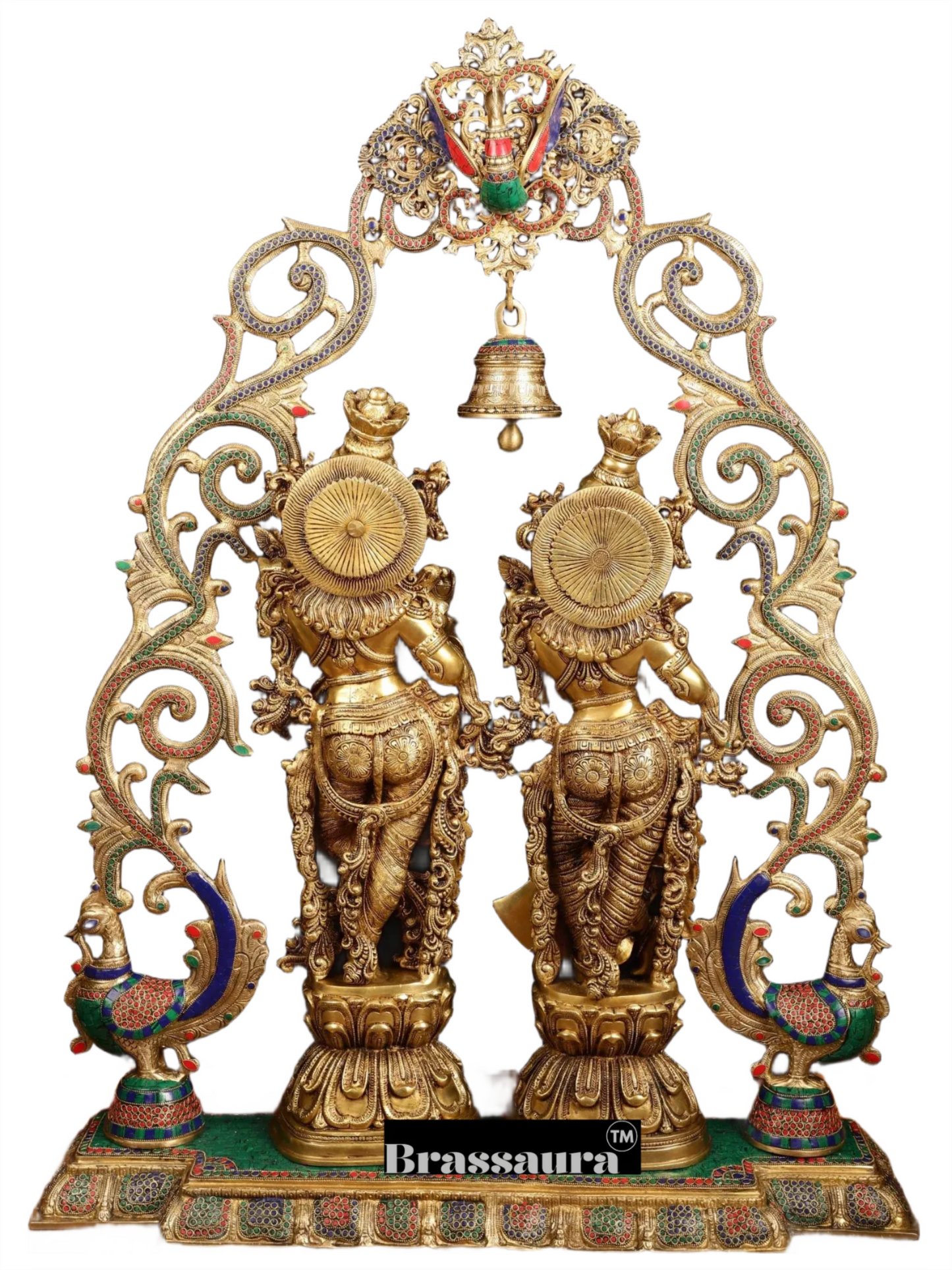 Brassaura™ Brass Radha Krishna Statues with Peacock-Inspired Temple Arch – 45" Height | 67 kg – Majestic Divine Décor