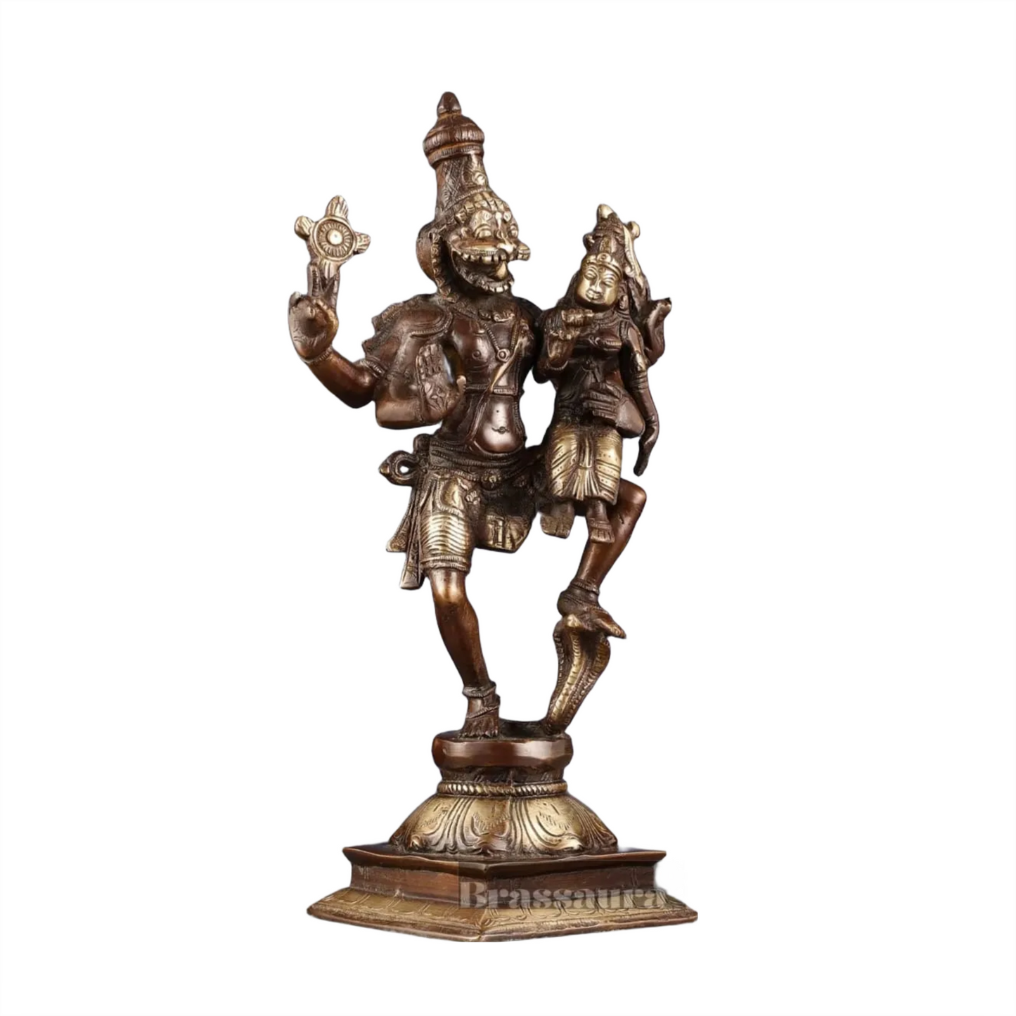 Brassaura™ Pure Brass Lord Narasimha with Goddess Lakshmi Idol – 12 Inch Height, 3 kg Weight | Handcrafted Hindu Statue for Home & Temple