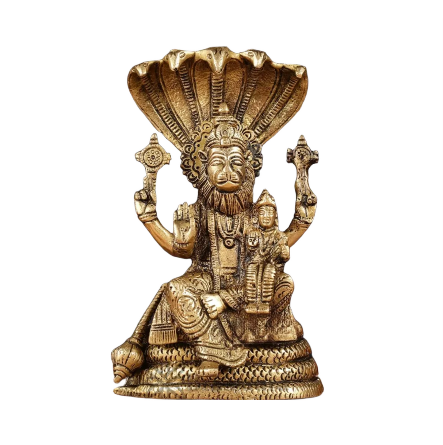 Brassaura™ Pure Brass Narasimha with Lakshmi Statue – 8 Inch Height, 2.2 kg Weight | Handcrafted Hindu Idol for Pooja & Home Decor