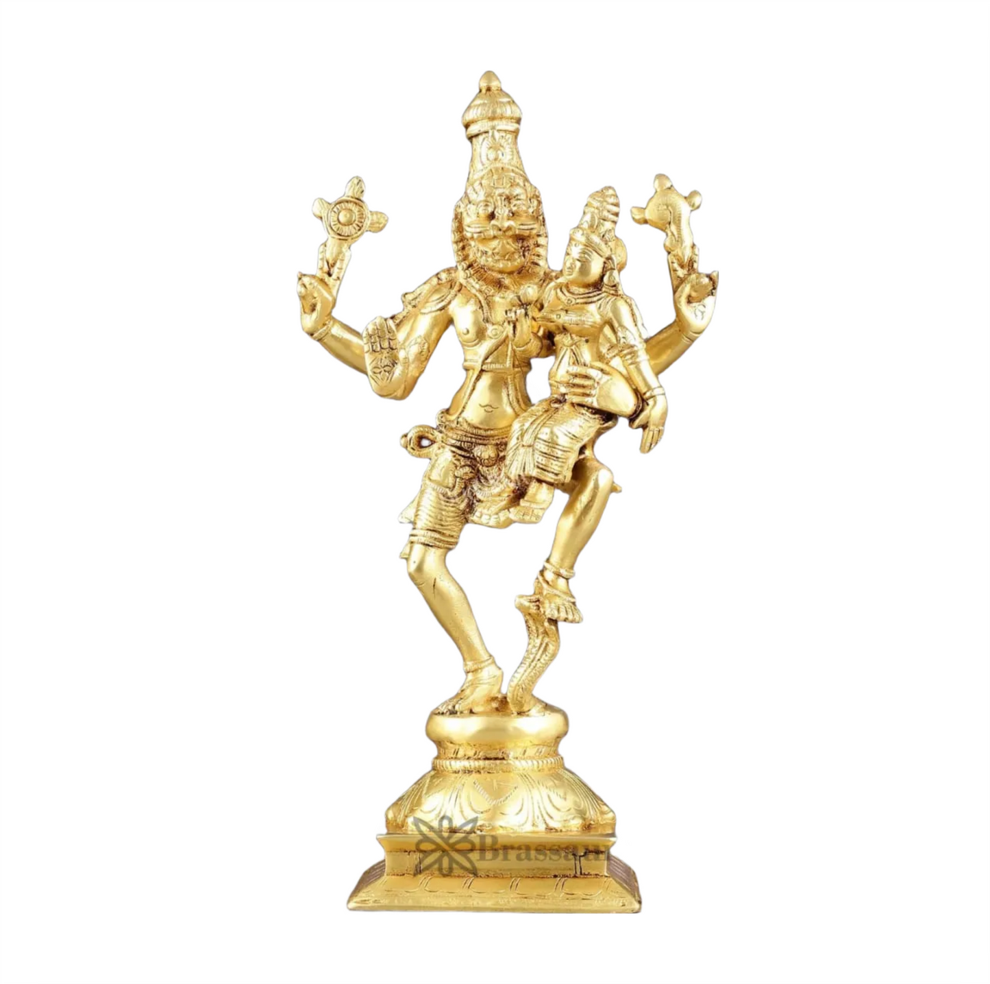 Brassaura™ Pure Brass Lord Narasimha with Goddess Lakshmi Idol – 12 Inch Height, 3 kg Weight | Handcrafted Hindu Statue for Home & Temple