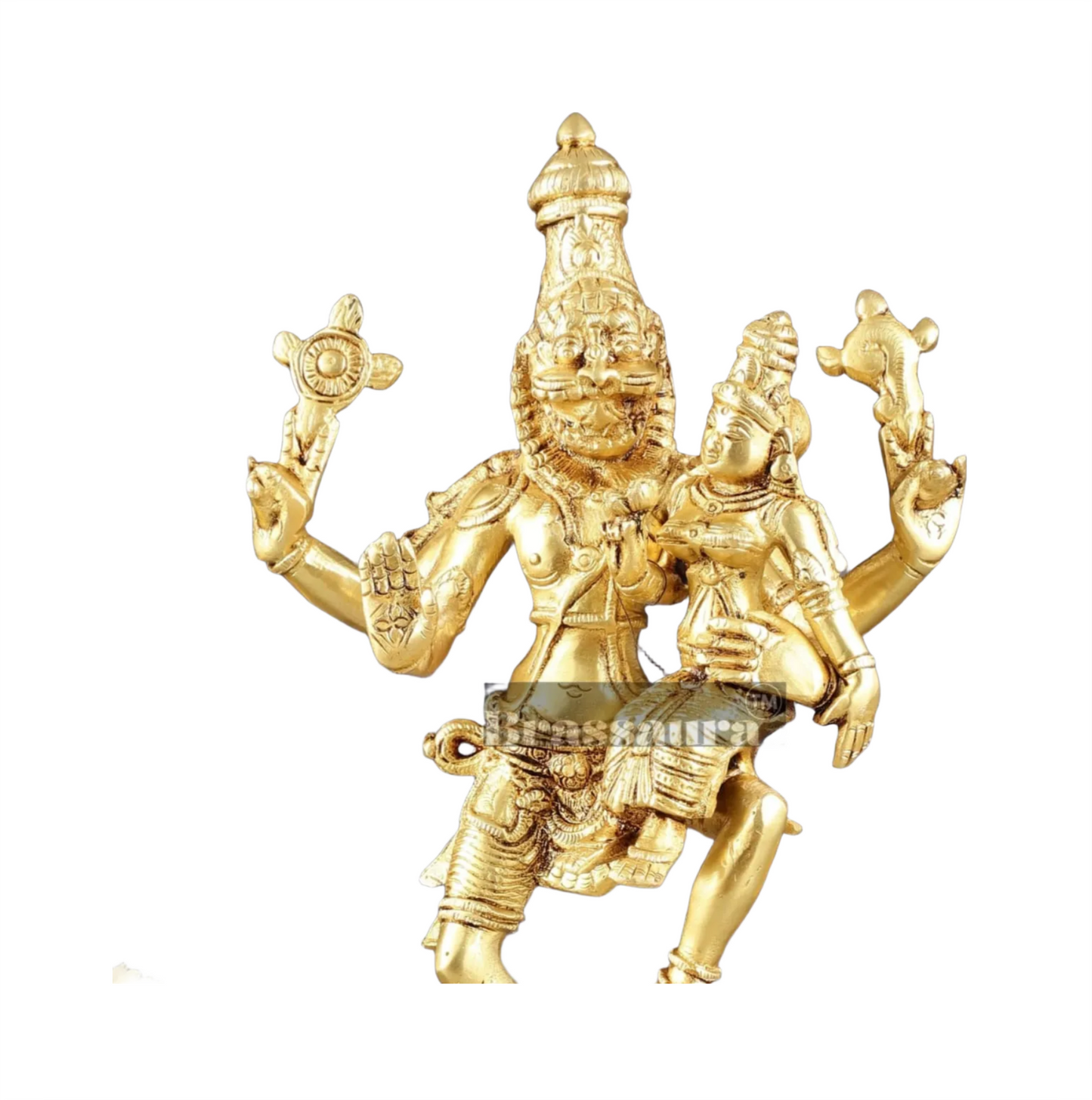 Brassaura™ Pure Brass Lord Narasimha with Goddess Lakshmi Idol – 12 Inch Height, 3 kg Weight | Handcrafted Hindu Statue for Home & Temple