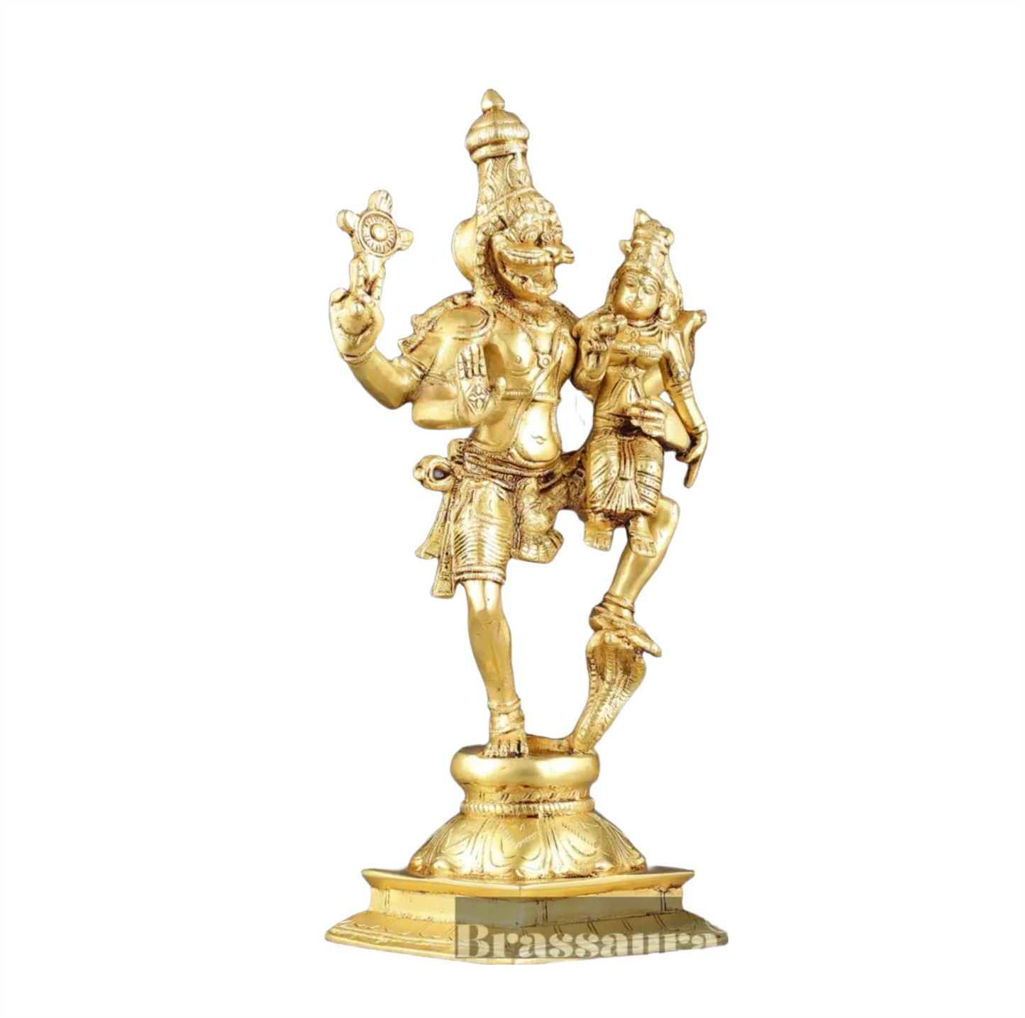 Brassaura™ Pure Brass Lord Narasimha with Goddess Lakshmi Idol – 12 Inch Height, 3 kg Weight | Handcrafted Hindu Statue for Home & Temple