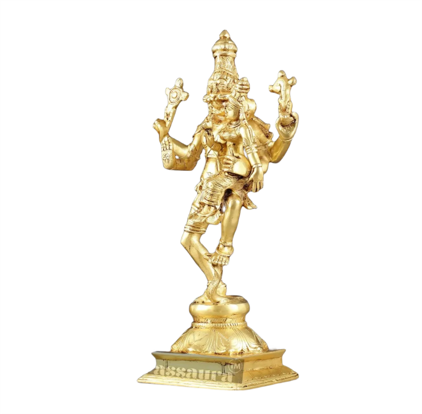 Brassaura™ Pure Brass Lord Narasimha with Goddess Lakshmi Idol – 12 Inch Height, 3 kg Weight | Handcrafted Hindu Statue for Home & Temple