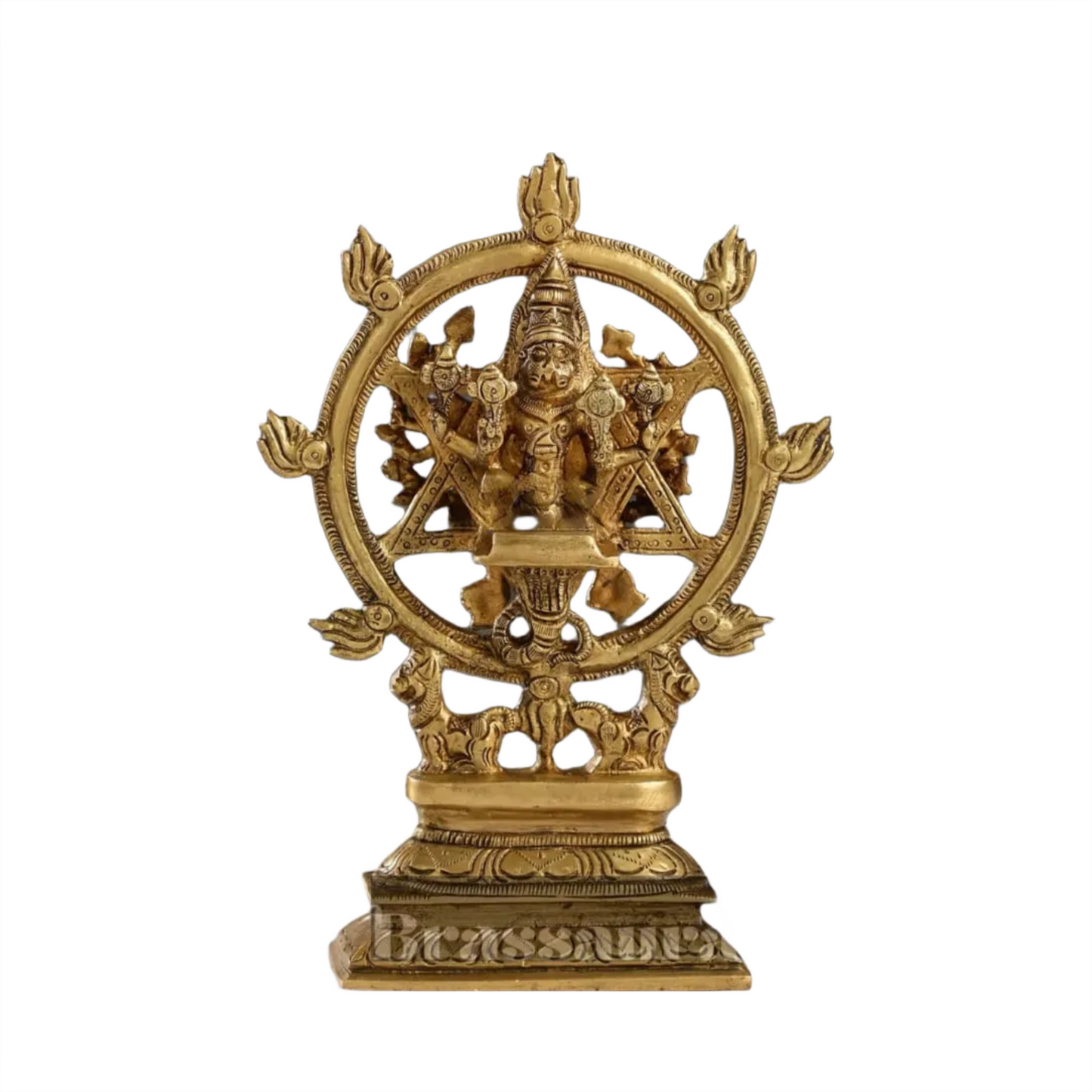 Brassaura™ Pure Brass 16-Armed Lord Vishnu with Meditative Narasimha – 9.5 Inch Height, 2.2 kg Weight | Handcrafted Hindu Idol