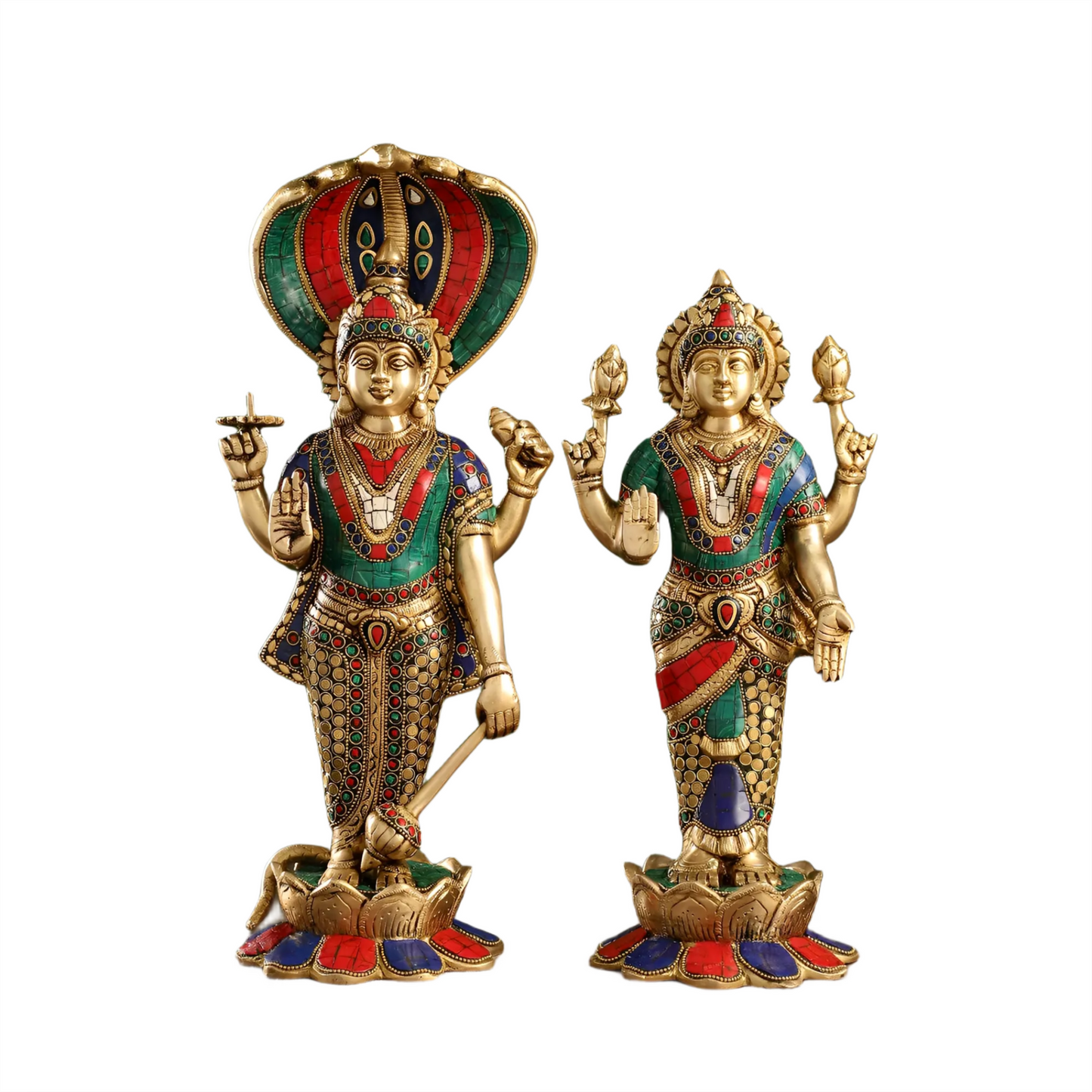 Brassaura™ Handcrafted Brass Vishnu & Lakshmi Statues – 14kg, 17-Inch – Elegant Divine Décor for Home Temple & Spiritual Spaces