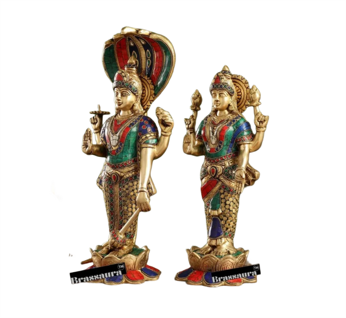 Brassaura™ Handcrafted Brass Vishnu & Lakshmi Statues – 14kg, 17-Inch – Elegant Divine Décor for Home Temple & Spiritual Spaces