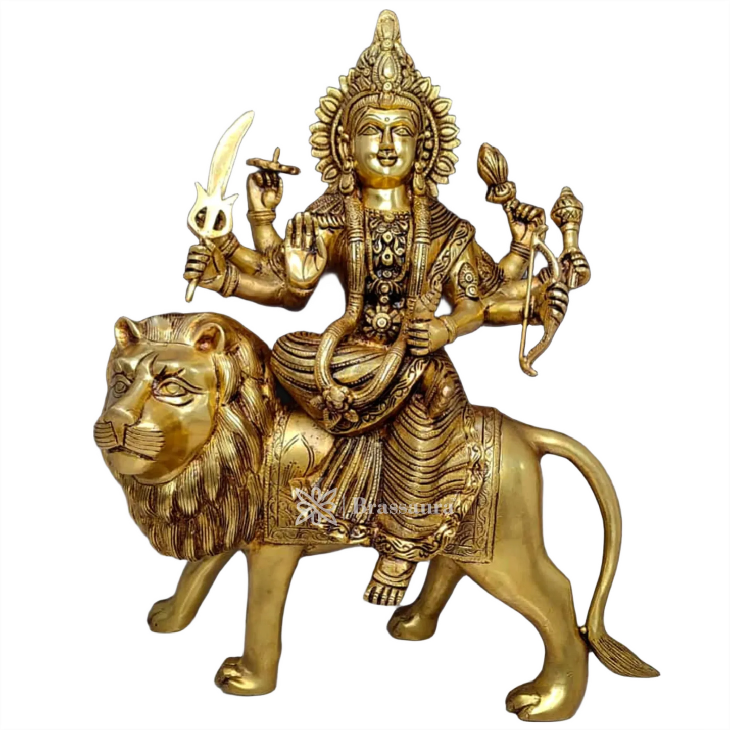 Brassaura™ Sherawali Mata Brass Murti – 12kg, 17-Inch – Intricately Carved Big-Size Idol with Antique Finish