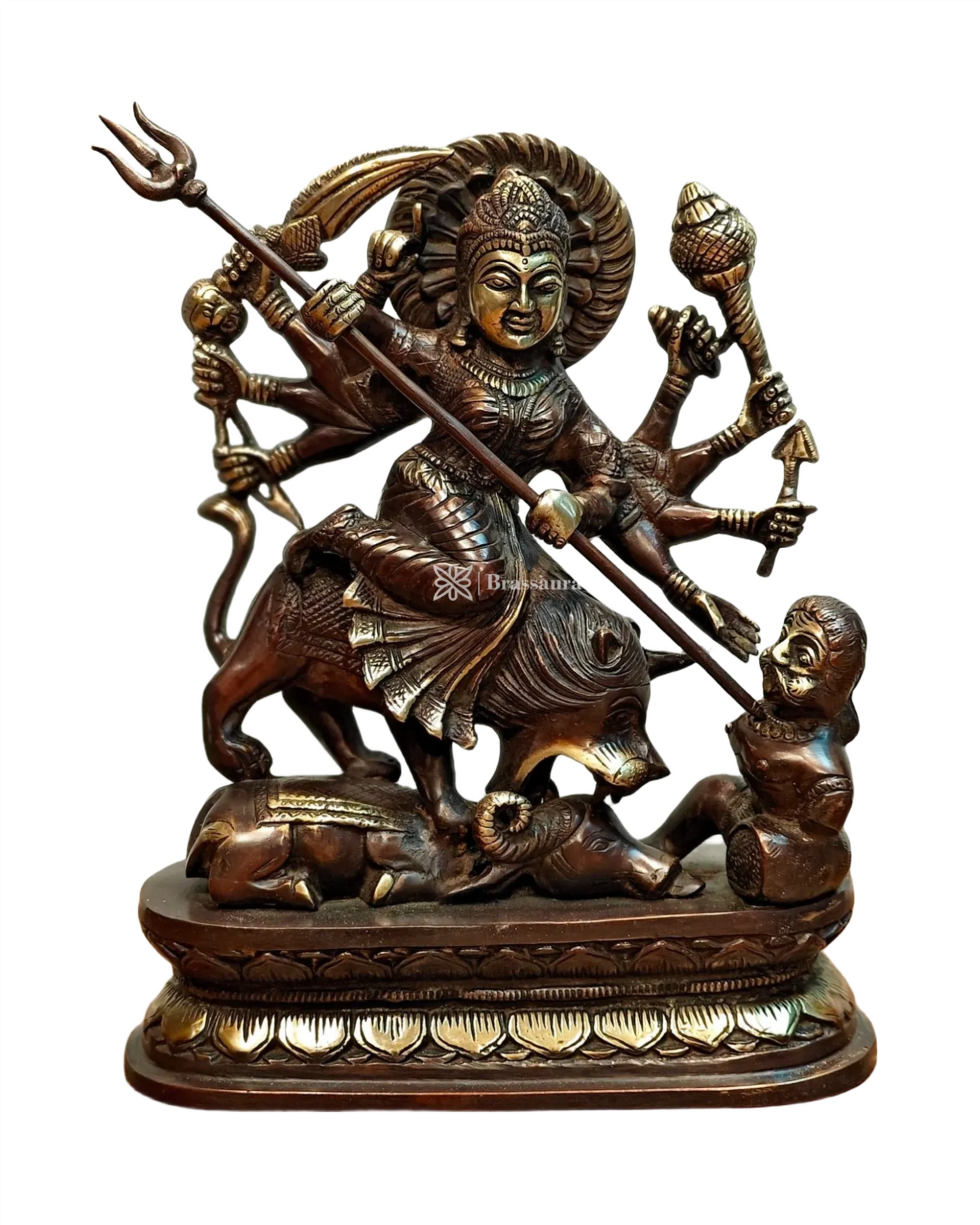Brassaura™ Brass Goddess Durga as Mahishasura Mardini Idol – 8kg, 13.5-Inch – Fierce & Protective Divine Energy in Pure Brass