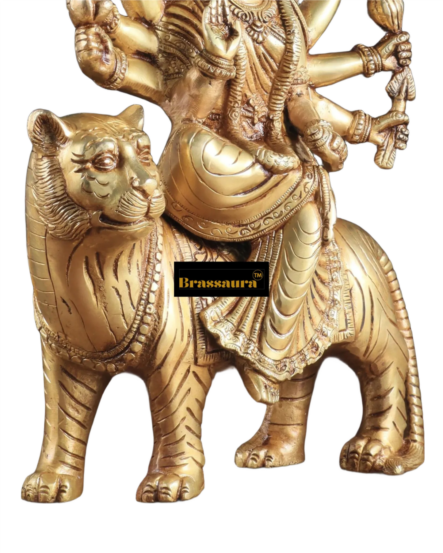 Brassaura™ 12-Inch Pure Brass Sherawali Mata Idol – 4.8kg – Handcrafted Durga Statue on Tiger for Strength & Protection
