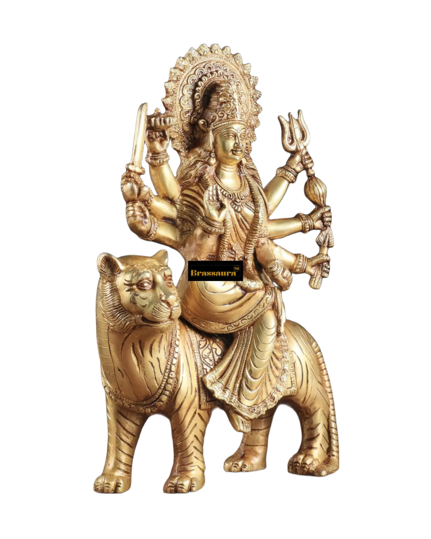 Brassaura™ 12-Inch Pure Brass Sherawali Mata Idol – 4.8kg – Handcrafted Durga Statue on Tiger for Strength & Protection