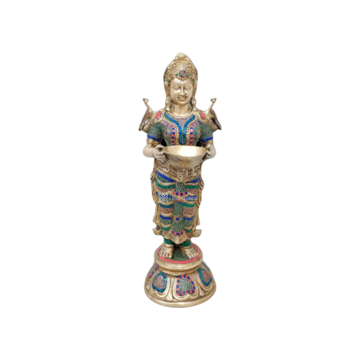Brassaura™ Superfine Brass Lakshmi Deepam Lamp with Natural Stone Inlay | 30 Inches Height | 17 Kgs Weight | Traditional Decor & Gifting