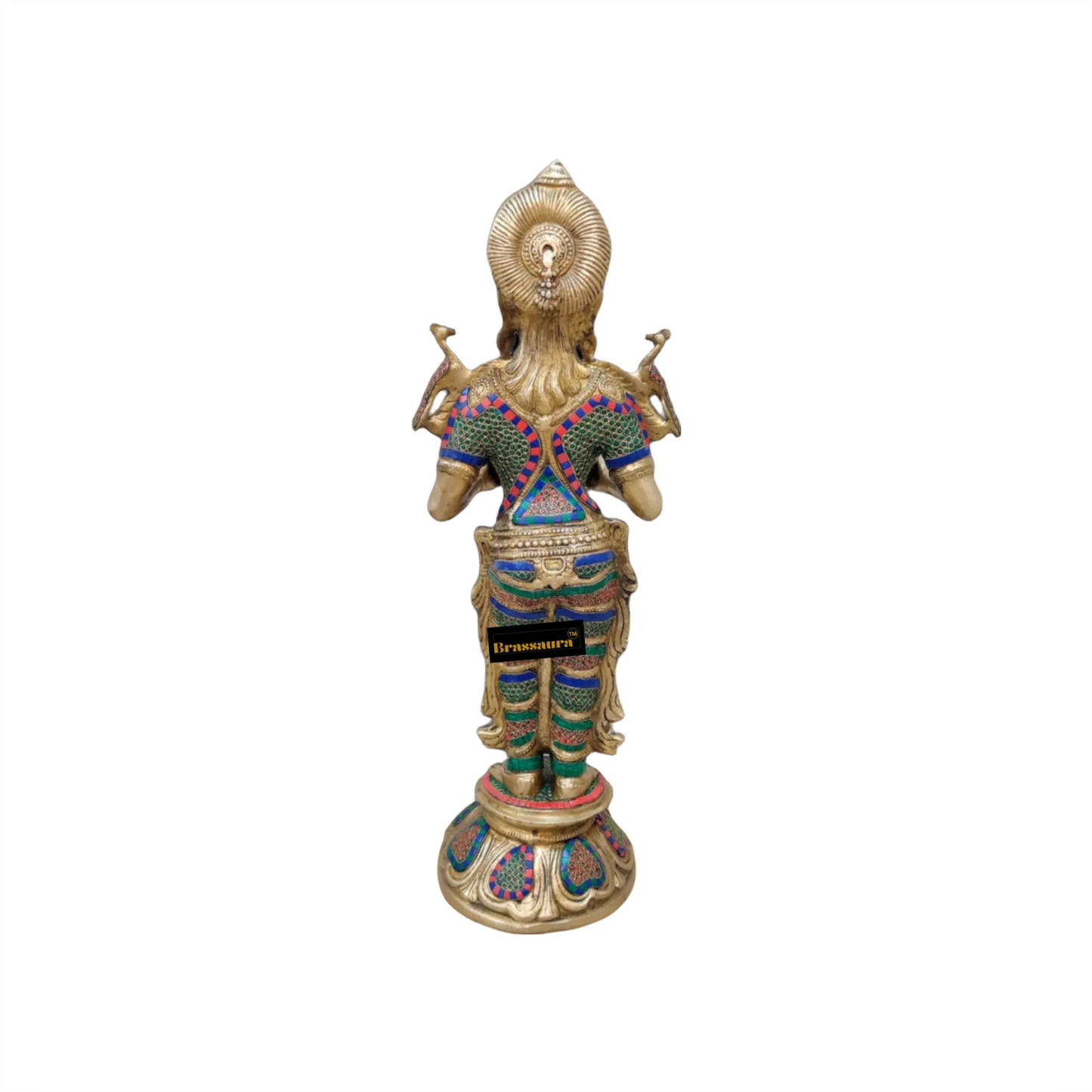 Brassaura™ Superfine Brass Lakshmi Deepam Lamp with Natural Stone Inlay | 30 Inches Height | 17 Kgs Weight | Traditional Decor & Gifting