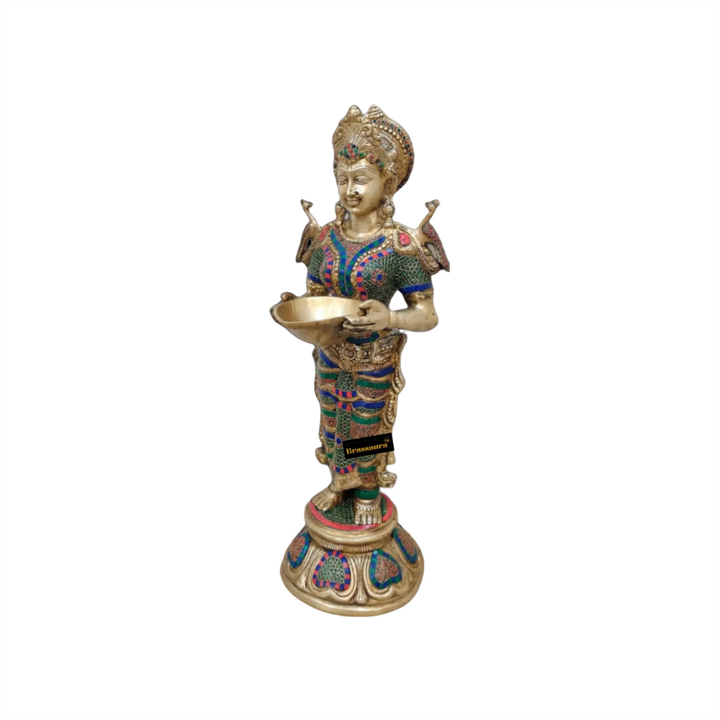 Brassaura™ Superfine Brass Lakshmi Deepam Lamp with Natural Stone Inlay | 30 Inches Height | 17 Kgs Weight | Traditional Decor & Gifting