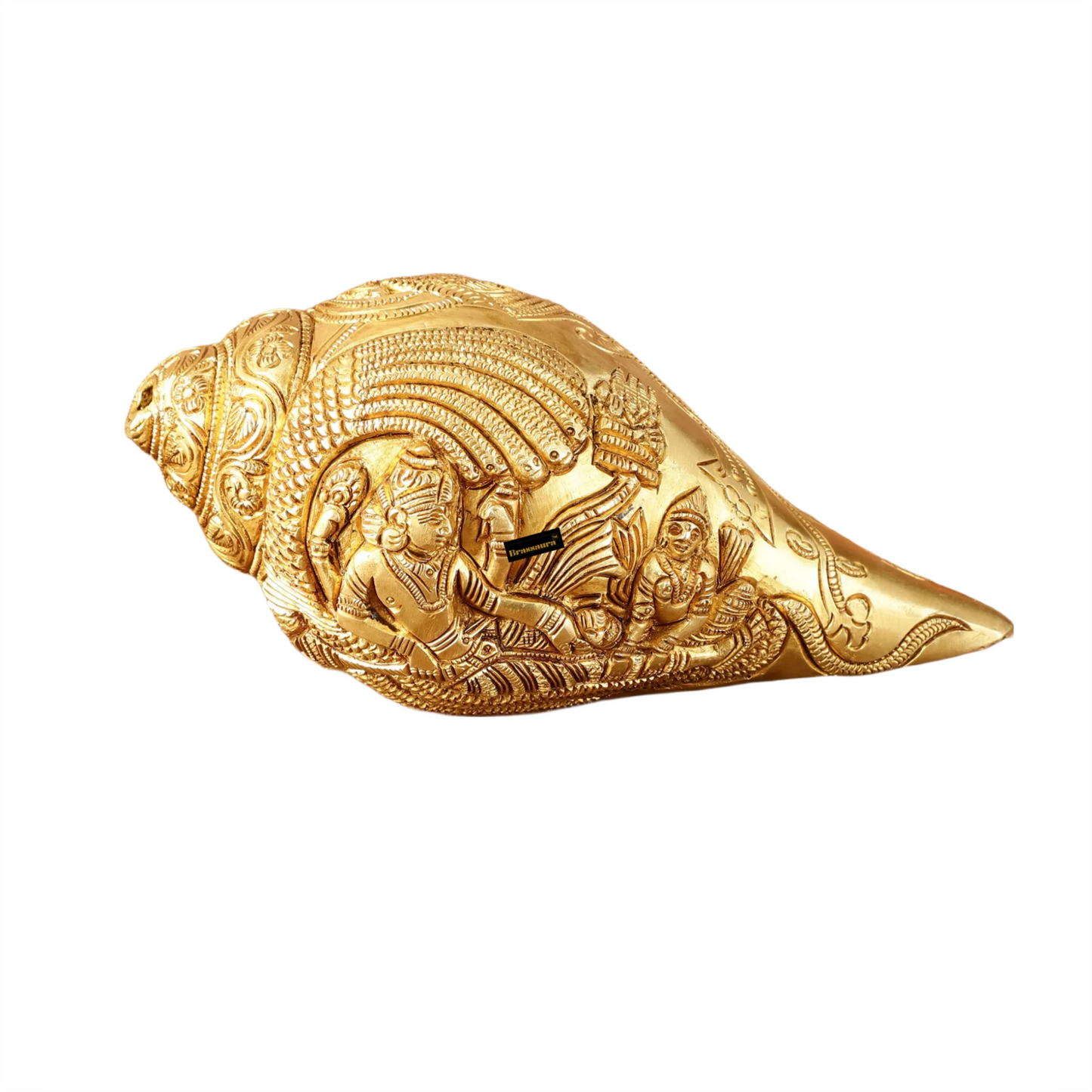 Brassaura™ Pure Brass Lakshmi Narayana Resting on Sheshanaag Shankh | 3.5 Inches Height | 1.5 Kgs Weight | Auspicious Home Décor