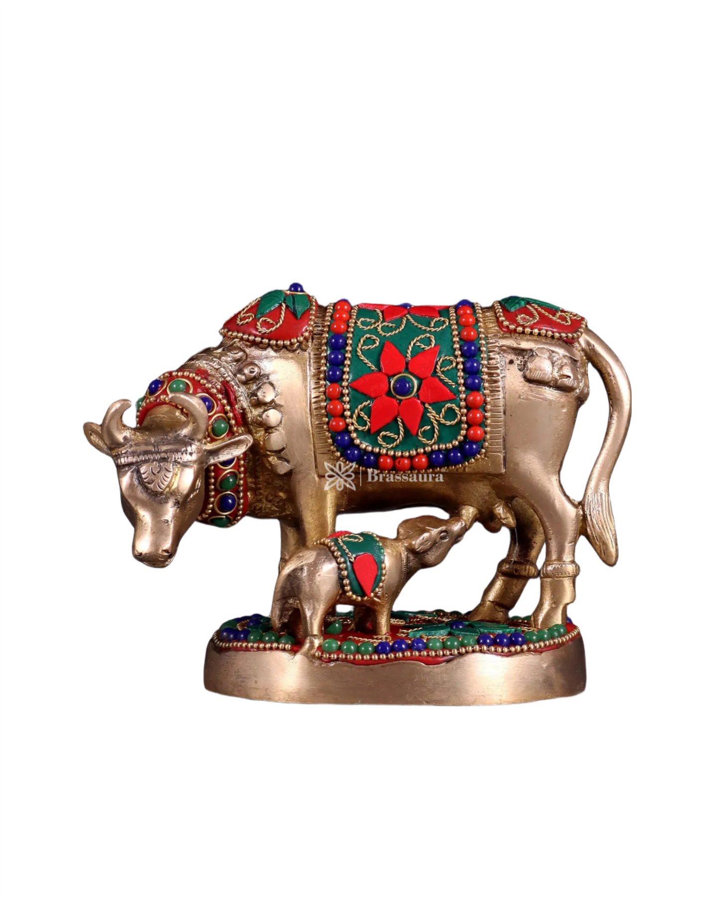 Brassaura™ Handcrafted Brass Kamdhenu Cow with Calf Idol | 3.8 Inches Height | 915g Weight | Symbol of Abundance & Blessings