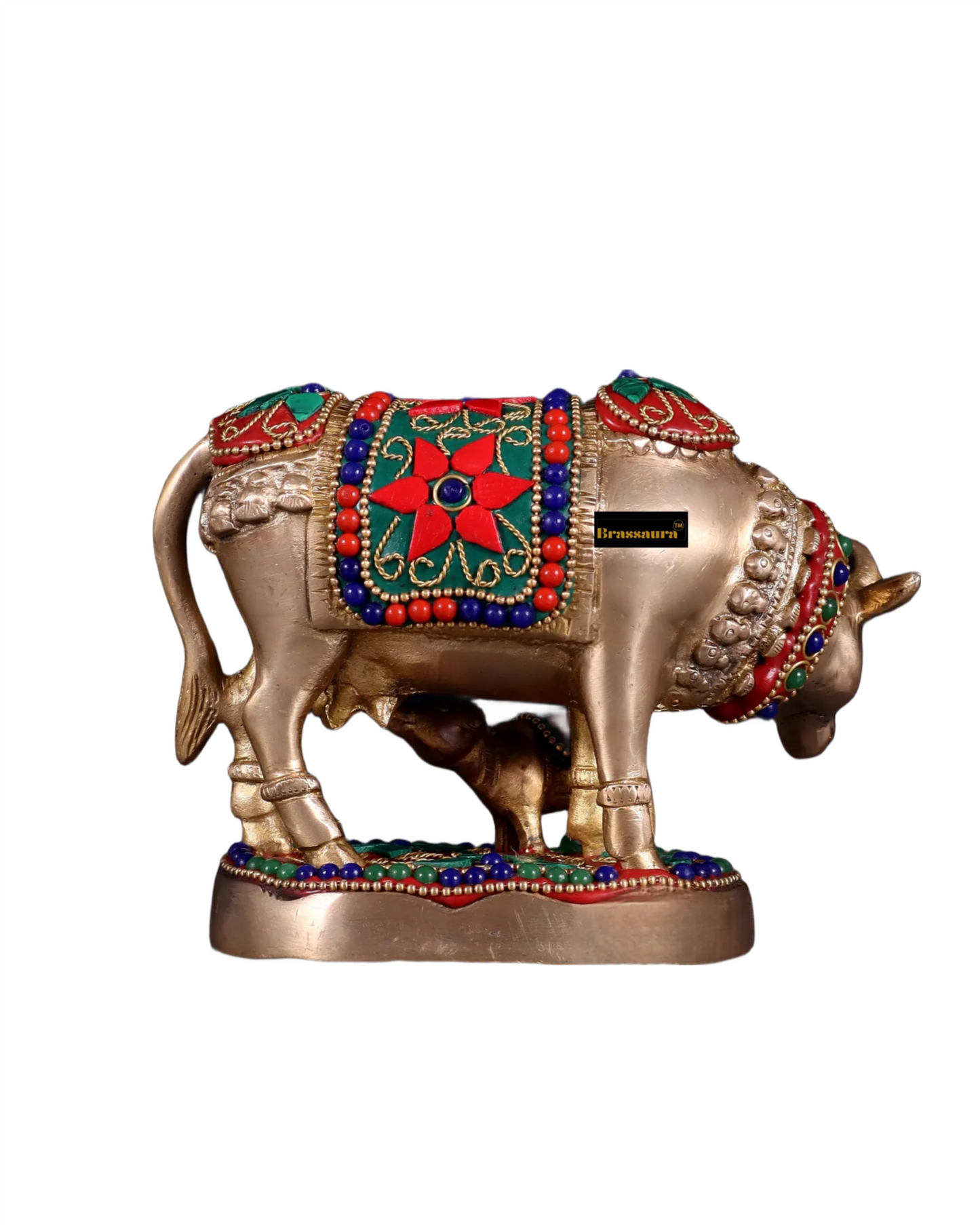 Brassaura™ Handcrafted Brass Kamdhenu Cow with Calf Idol | 3.8 Inches Height | 915g Weight | Symbol of Abundance & Blessings