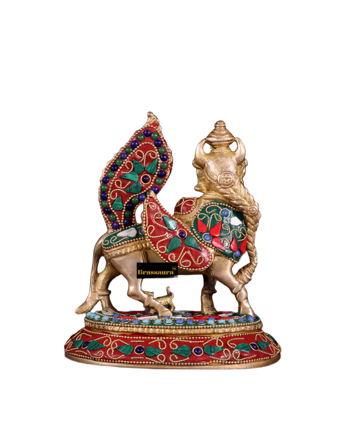 Brassaura™ Brass Kamdhenu Cow with Calf – Meenakari Stonework | 7 Inches Height | 1.59 Kgs Weight | Symbol of Nurturing & Prosperity