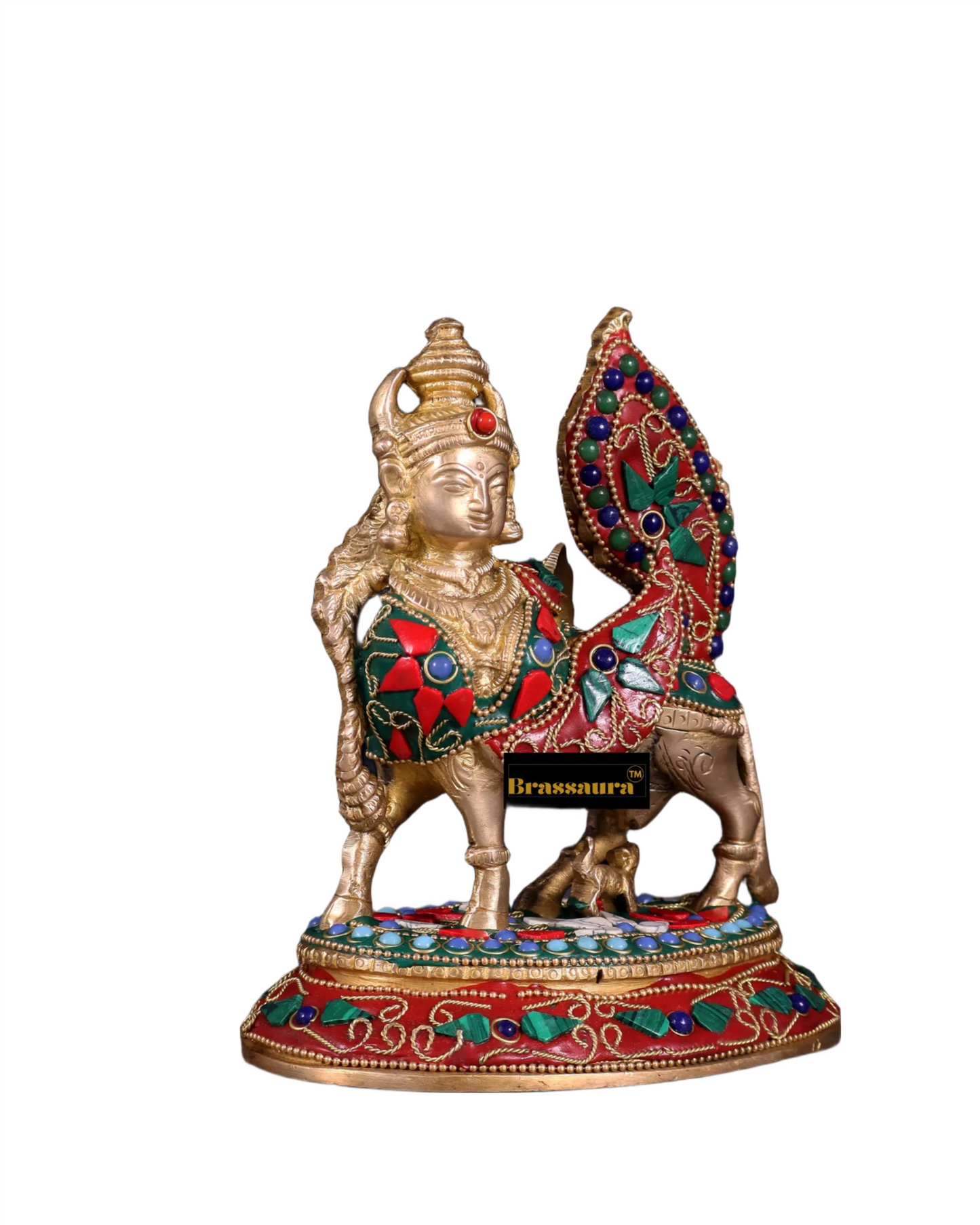 Brassaura™ Brass Kamdhenu Cow with Calf – Meenakari Stonework | 7 Inches Height | 1.59 Kgs Weight | Symbol of Nurturing & Prosperity