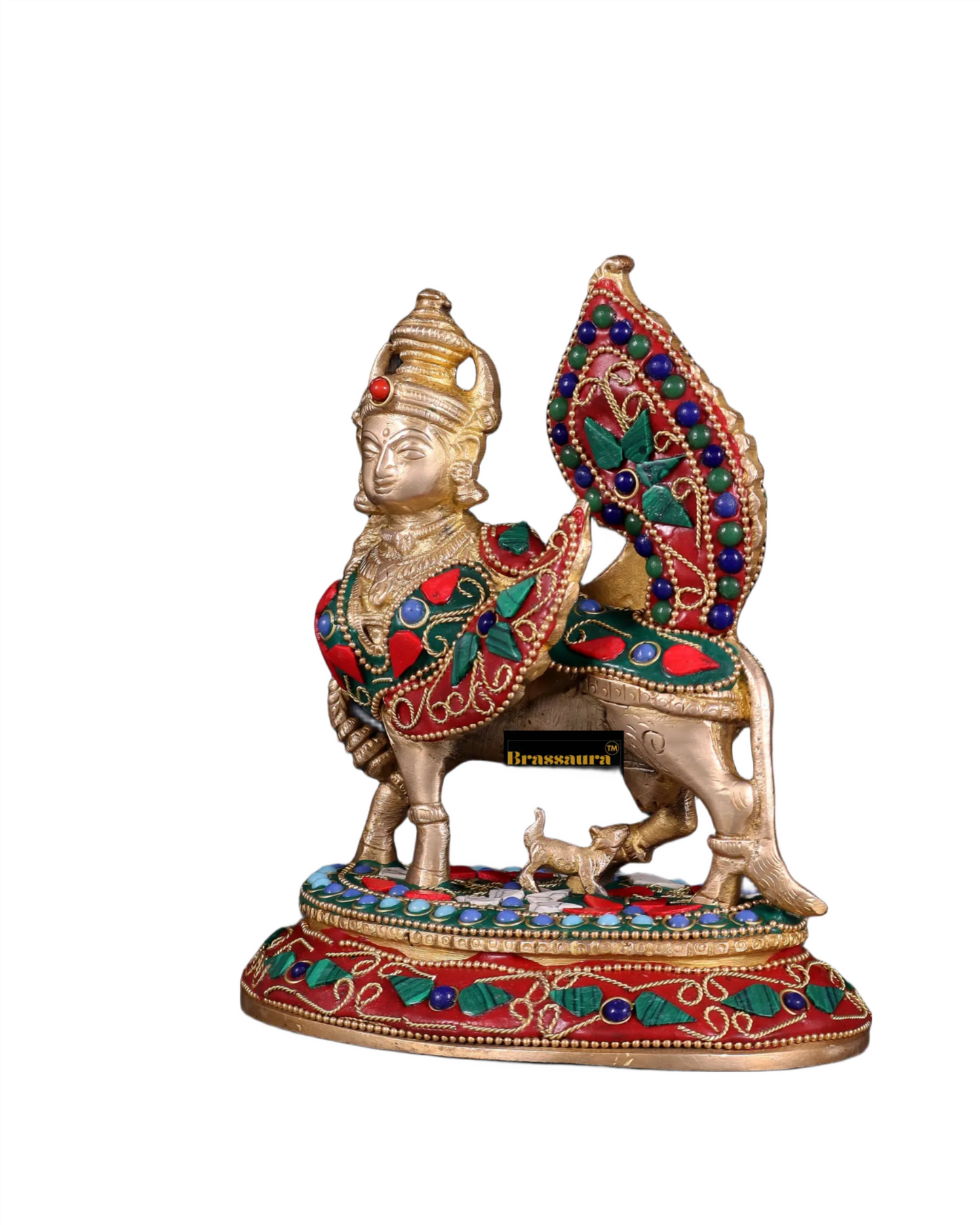 Brassaura™ Brass Kamdhenu Cow with Calf – Meenakari Stonework | 7 Inches Height | 1.59 Kgs Weight | Symbol of Nurturing & Prosperity