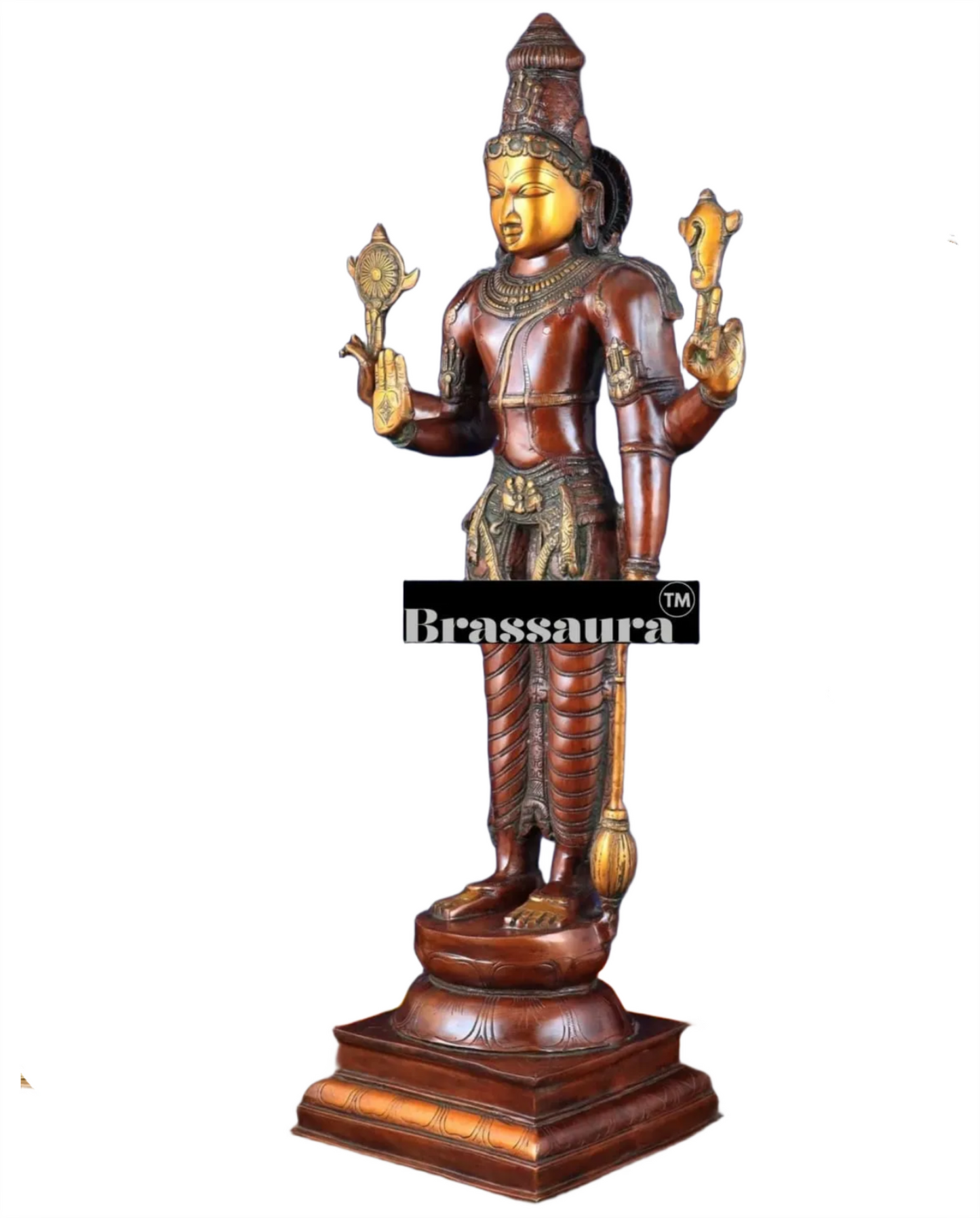 Brassaura™ Handcrafted Pure Brass Lord Vishnu Statue on Lotus Base with Sheshnaag | 37 Inch Height | 27 KG Weight | Black Heat-Treated Finish