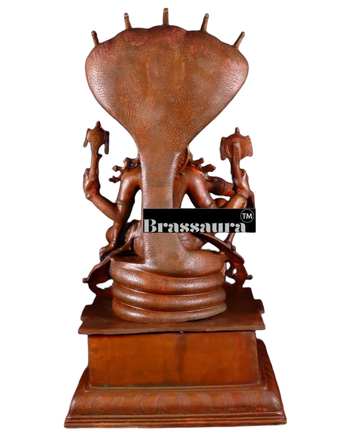 Brassaura™ Magnificent Brass Lord Vishnu Statue Seated on Engraved Pedestal with Sheshanaag and Hanuman | 29 Inch Height | 35 KG Weight | Chola Bronze Finish