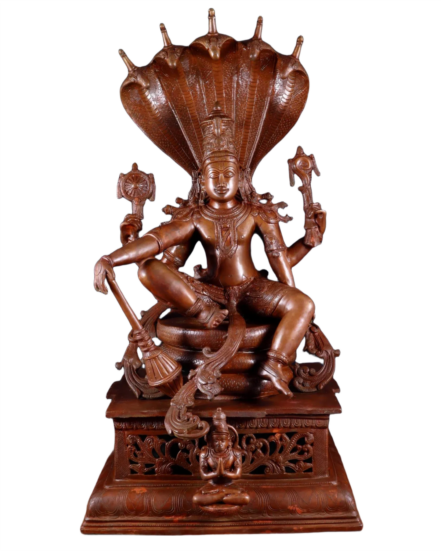 Brassaura™ Magnificent Brass Lord Vishnu Statue Seated on Engraved Pedestal with Sheshanaag and Hanuman | 29 Inch Height | 35 KG Weight | Chola Bronze Finish