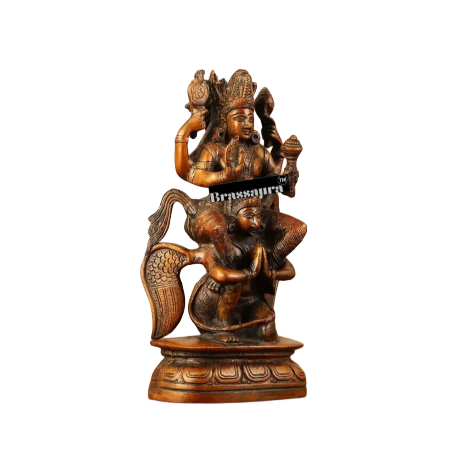 Brassaura™ Handcrafted Pure Brass Lord Vishnu Seated on Garuda Statue | 8 Inch Height | 2 KG Weight | Intricate Craftsmanship
