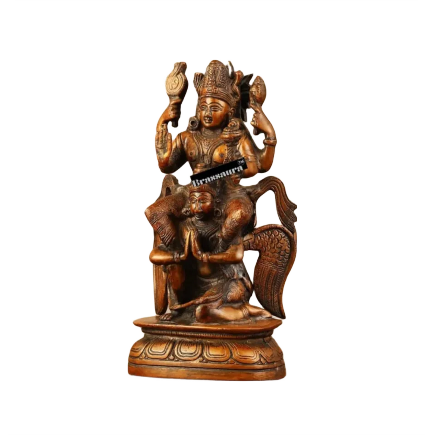 Brassaura™ Handcrafted Pure Brass Lord Vishnu Seated on Garuda Statue | 8 Inch Height | 2 KG Weight | Intricate Craftsmanship