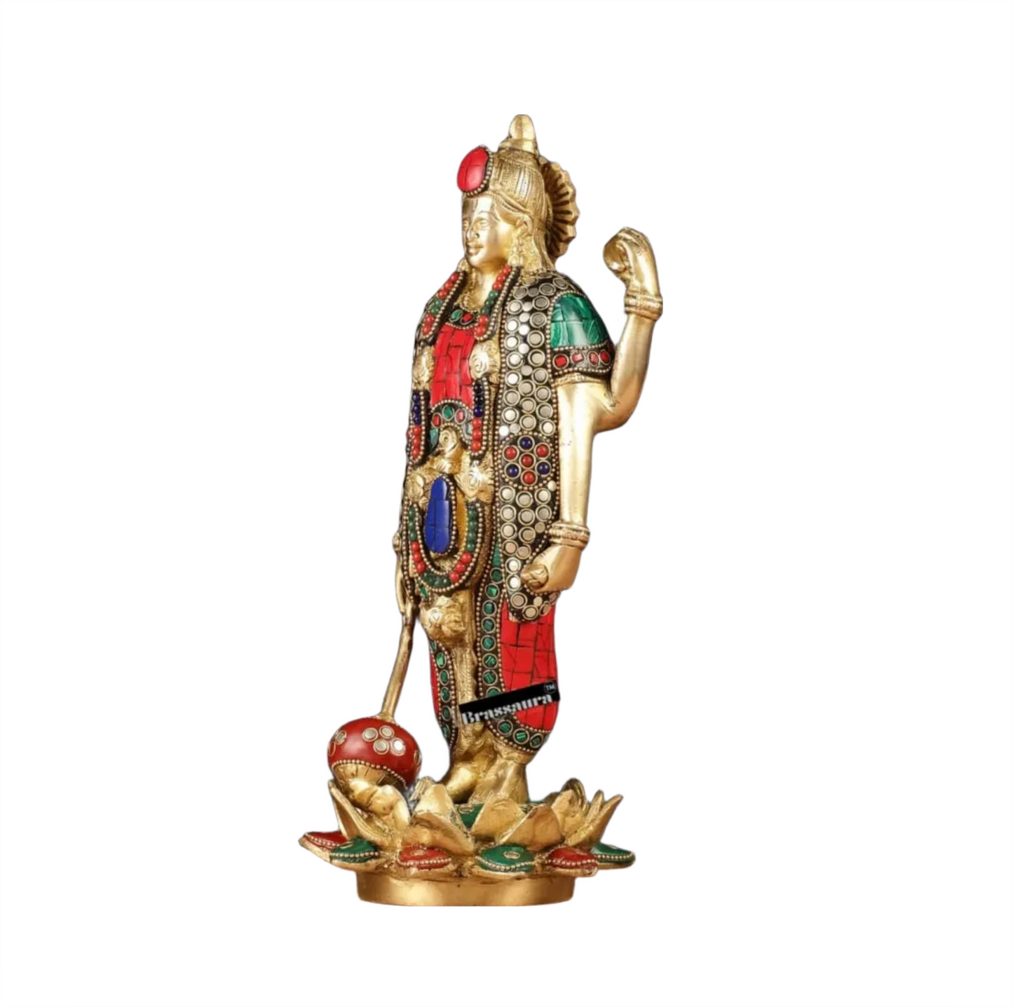 Brassaura™ Handcrafted Pure Brass Lord Vishnu Satya Narayan Idol with Intricate Stonework | 12 Inch Height | 4 KG Weight | Beautifully Adorned