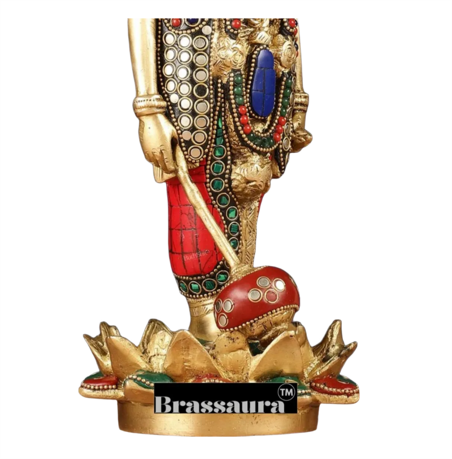 Brassaura™ Handcrafted Pure Brass Lord Vishnu Satya Narayan Idol with Intricate Stonework | 12 Inch Height | 4 KG Weight | Beautifully Adorned