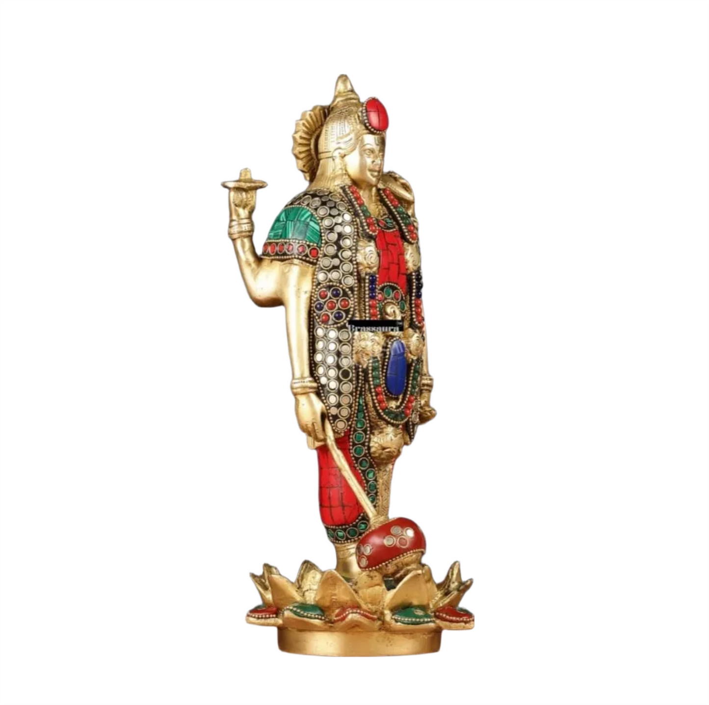 Brassaura™ Handcrafted Pure Brass Lord Vishnu Satya Narayan Idol with Intricate Stonework | 12 Inch Height | 4 KG Weight | Beautifully Adorned