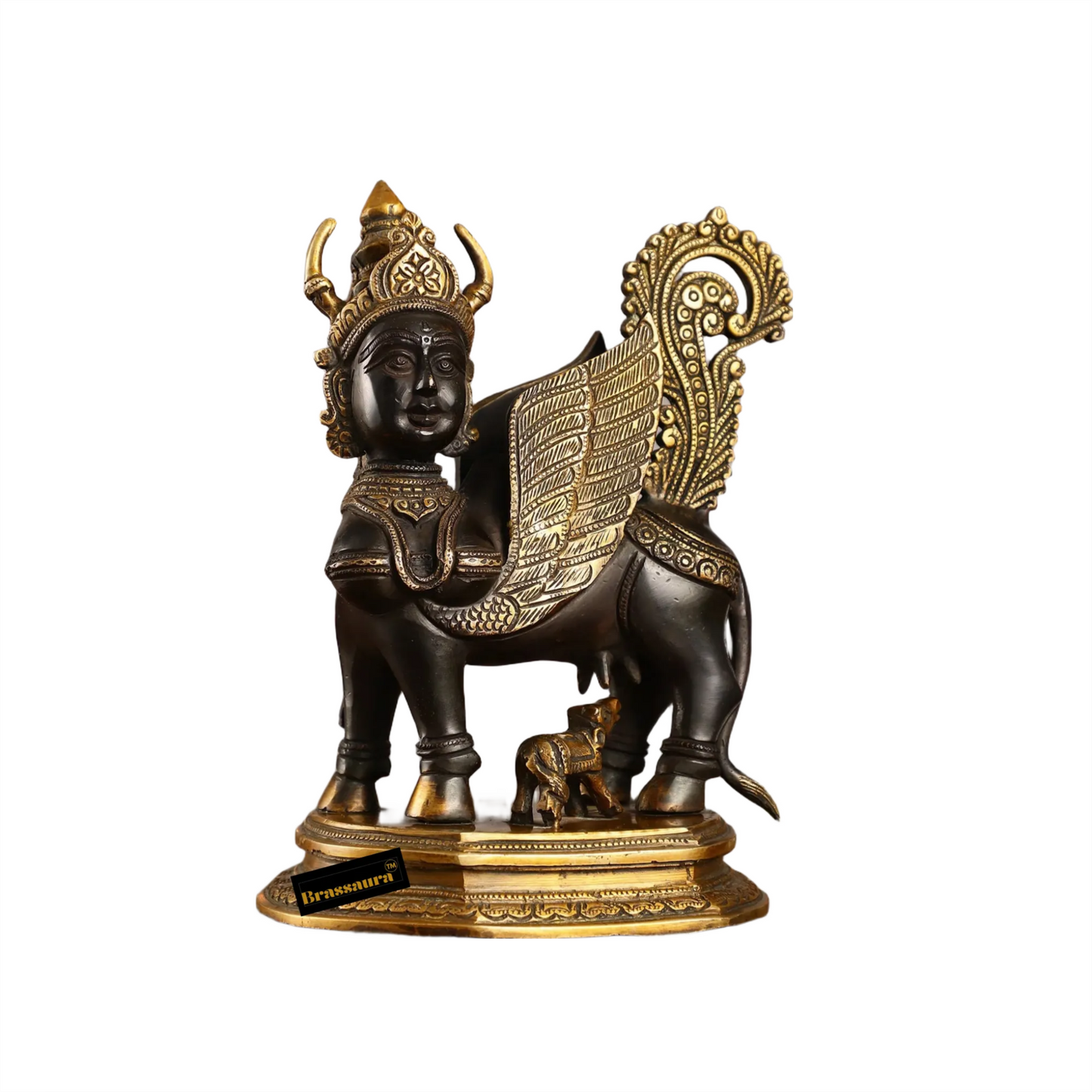 Brassaura™ Kamdhenu Cow with Wings and Mother Face Statue | 16.5 Inches Height | 14 Kgs Weight | Elegant Black Tone Brass