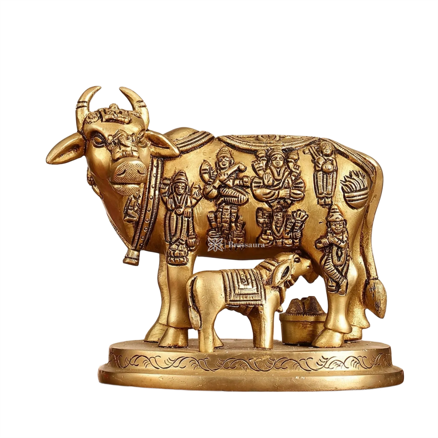 Brassaura™ Engraved Brass Kamdhenu Statue | 5 Inches Height | 2 Kgs Weight | Antique Gold Finish