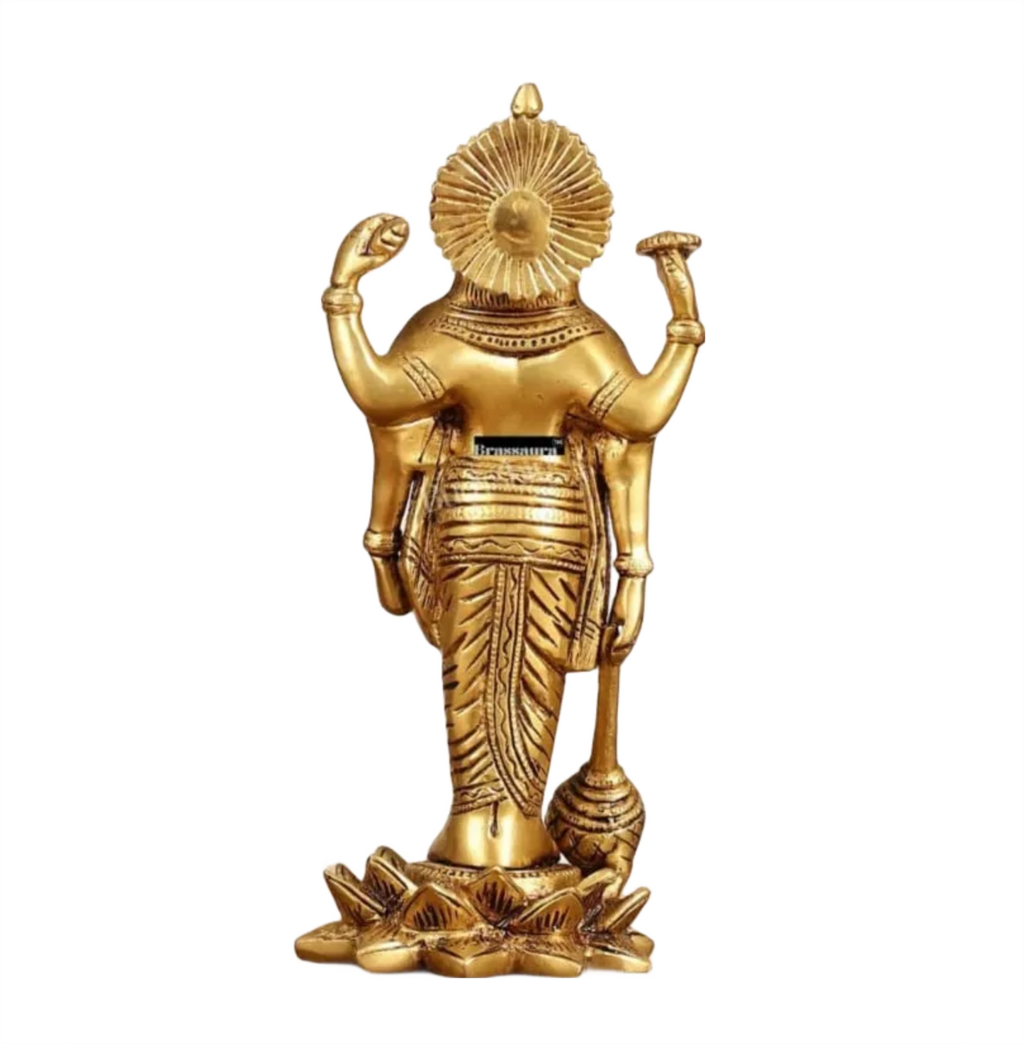 Brassaura™ Handcrafted Superfine Brass Lord Vishnu Satyanarayan Statue with Four Arms (Chaturbhuja) on Lotus Base | 8 Inch Height | 2 KG Weight