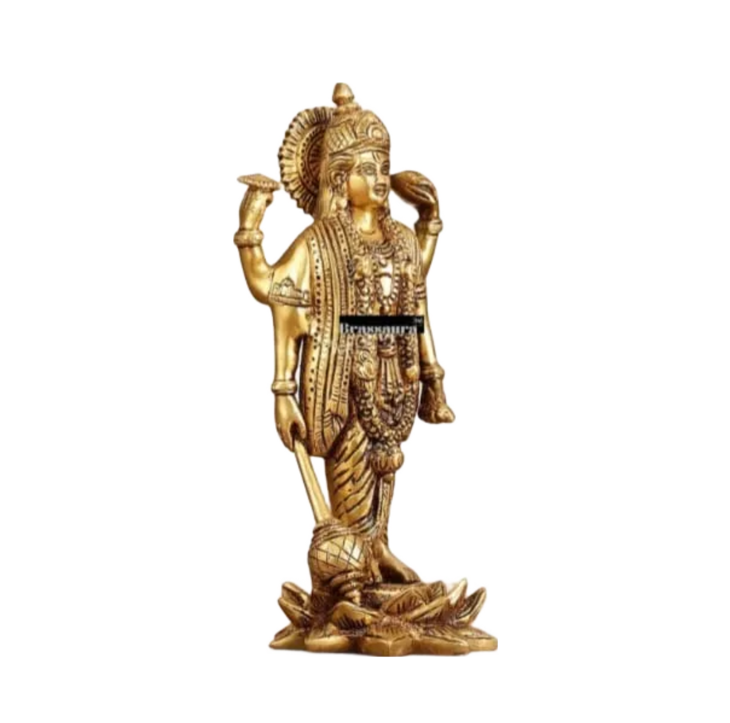Brassaura™ Handcrafted Superfine Brass Lord Vishnu Satyanarayan Statue with Four Arms (Chaturbhuja) on Lotus Base | 8 Inch Height | 2 KG Weight