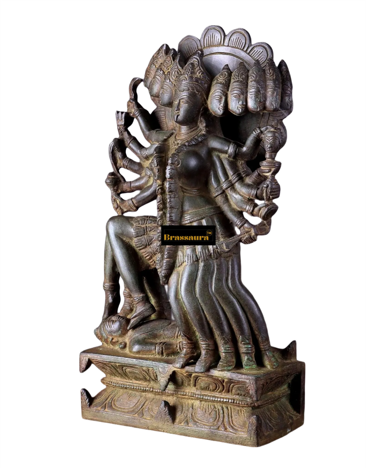 Brassaura™ Mahakali Brass Idol – 10 Heads | 10kg | 15" Height – Handcrafted | Vintage Finish