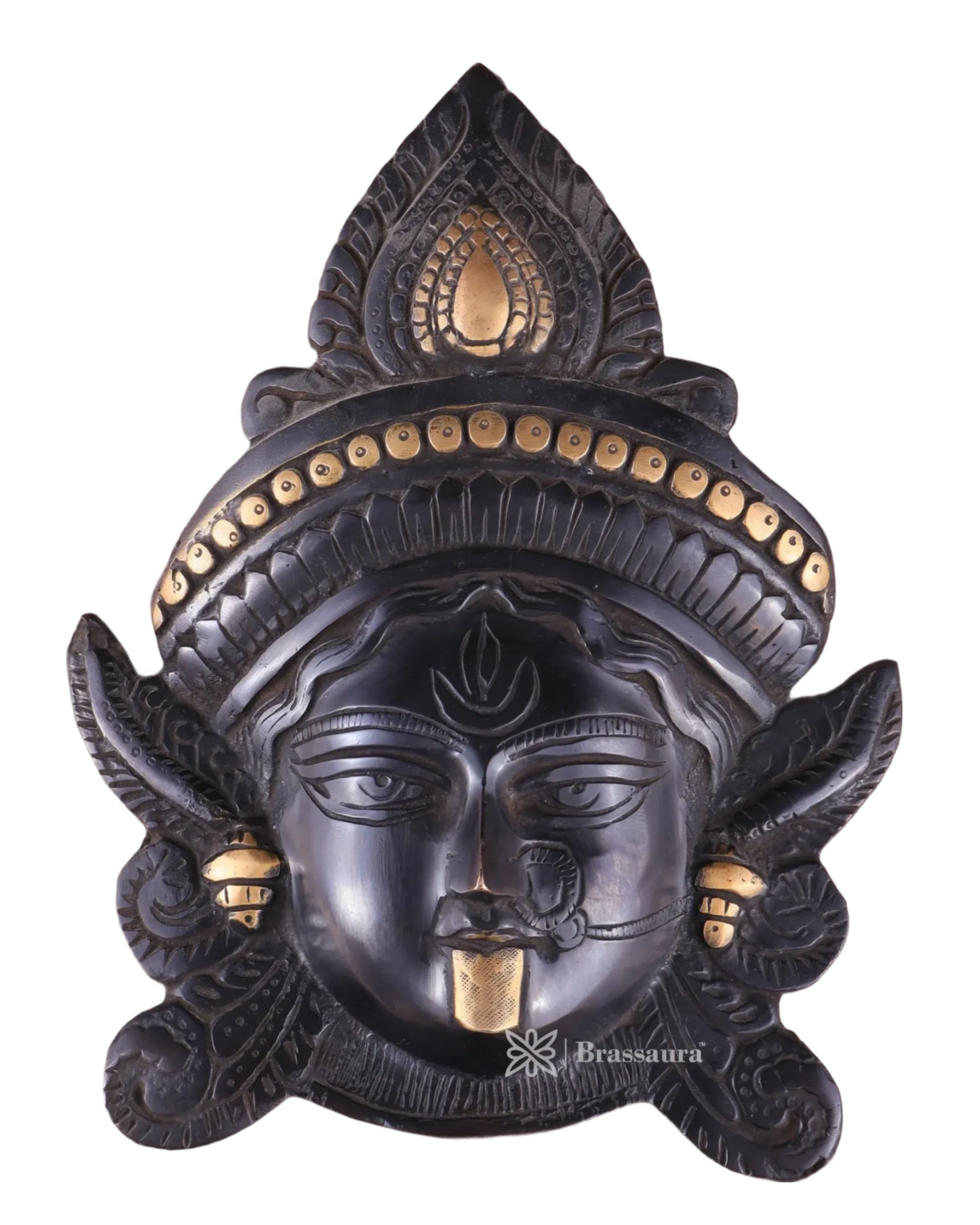 Brassaura™ Goddess Durga Brass Wall Mask – 2.2kg | 10.5" Height – Black Finish | Handcrafted Wall Mount