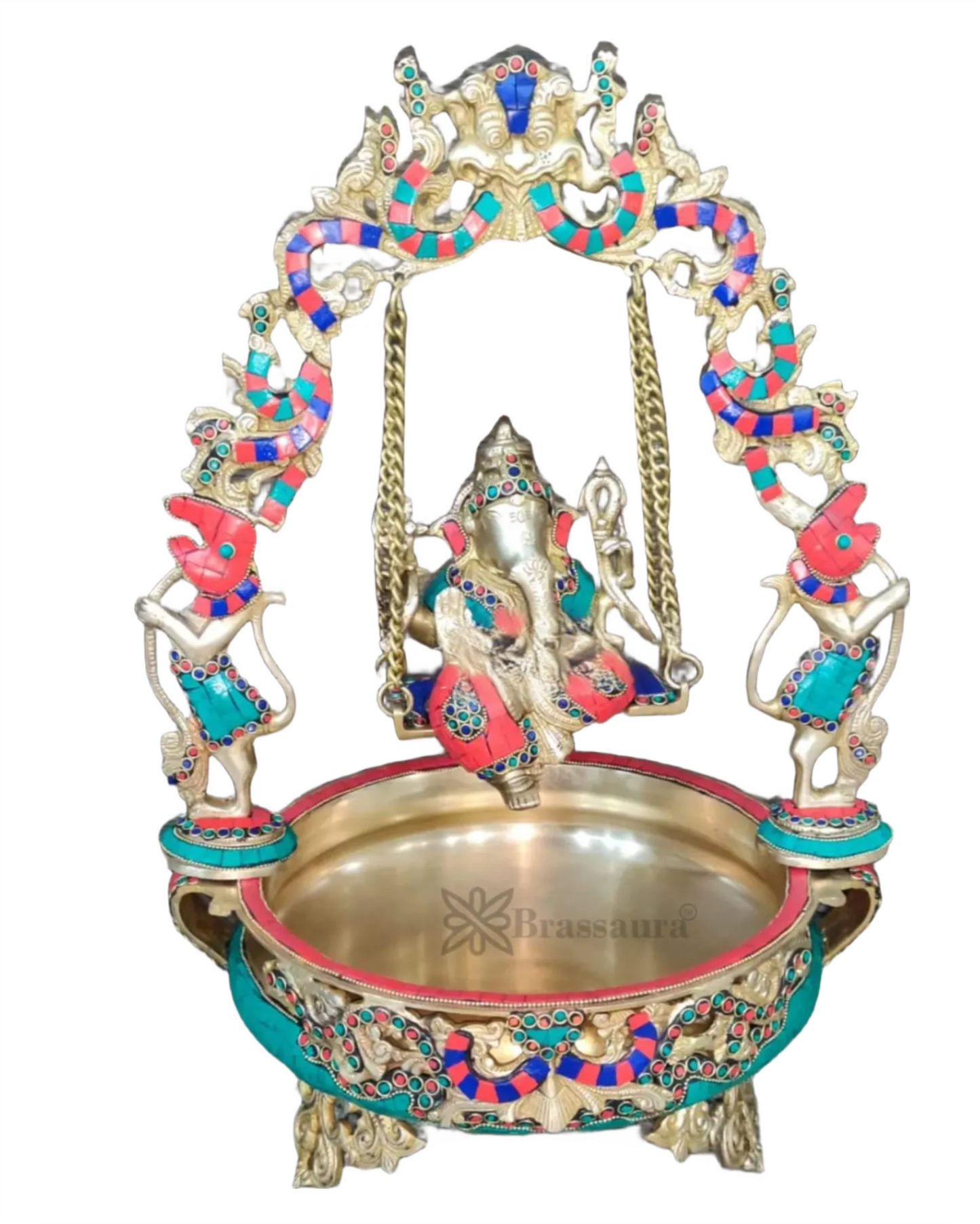 Brassaura™ Artistic Ganapati on Swing with Prabhavali & Large Brass Urli – 14 kgs, 21 Inches Height – Divine Home Decor