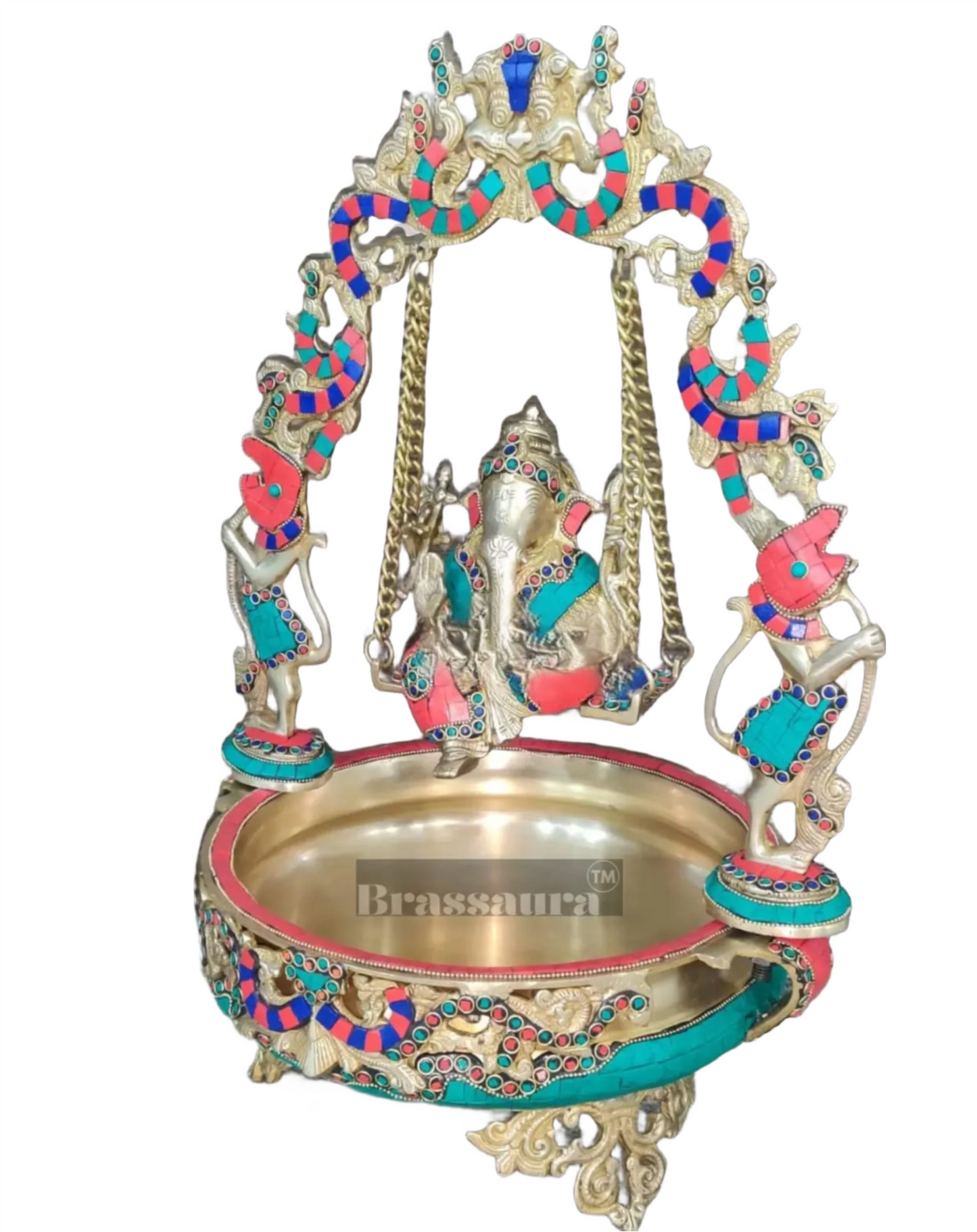 Brassaura™ Artistic Ganapati on Swing with Prabhavali & Large Brass Urli – 14 kgs, 21 Inches Height – Divine Home Decor