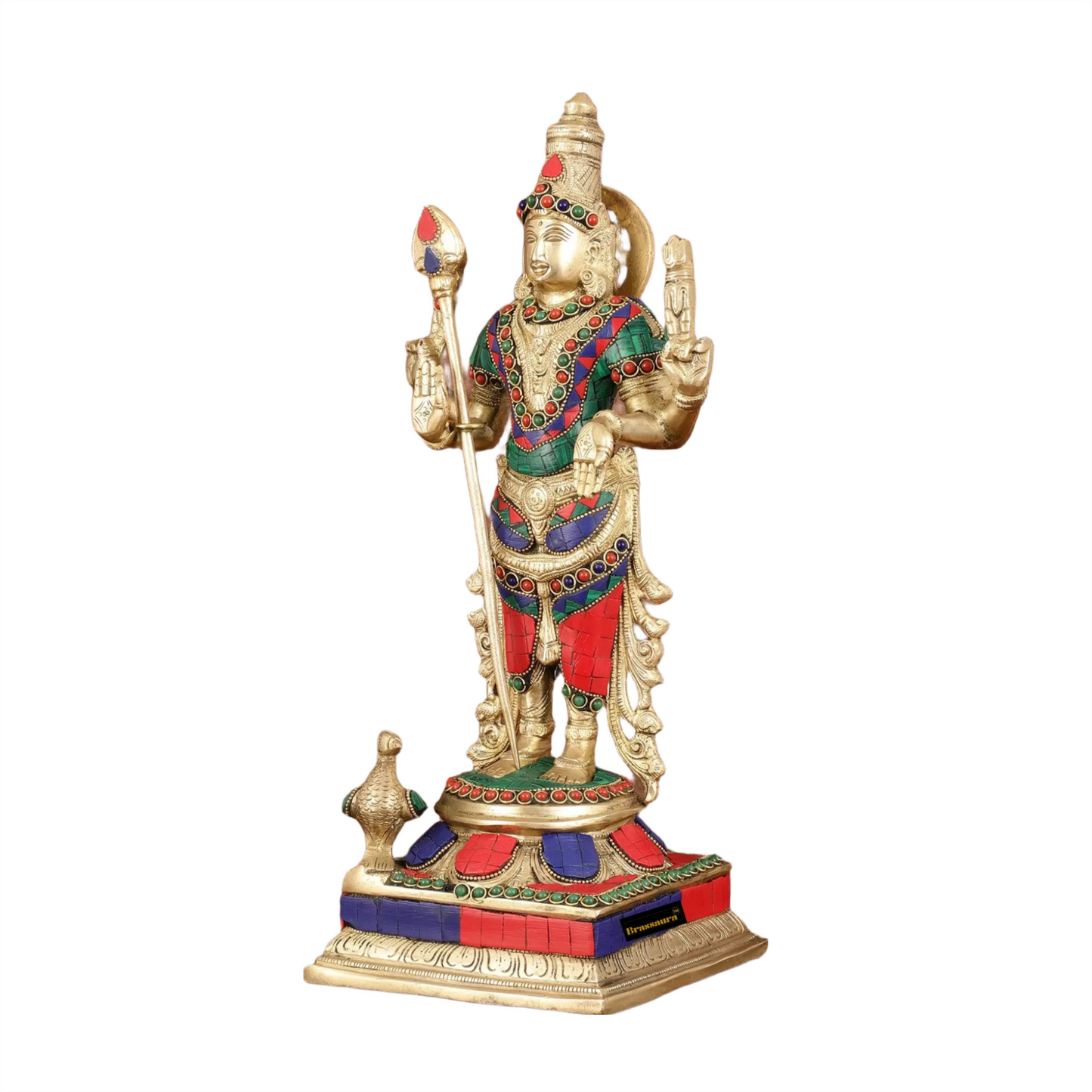 Brassaura™ Pure Brass Kartikeya Murugan Swamy Statue with Stonework – 14 Inches Height, 4.45 Kgs – Intricately Handcrafted