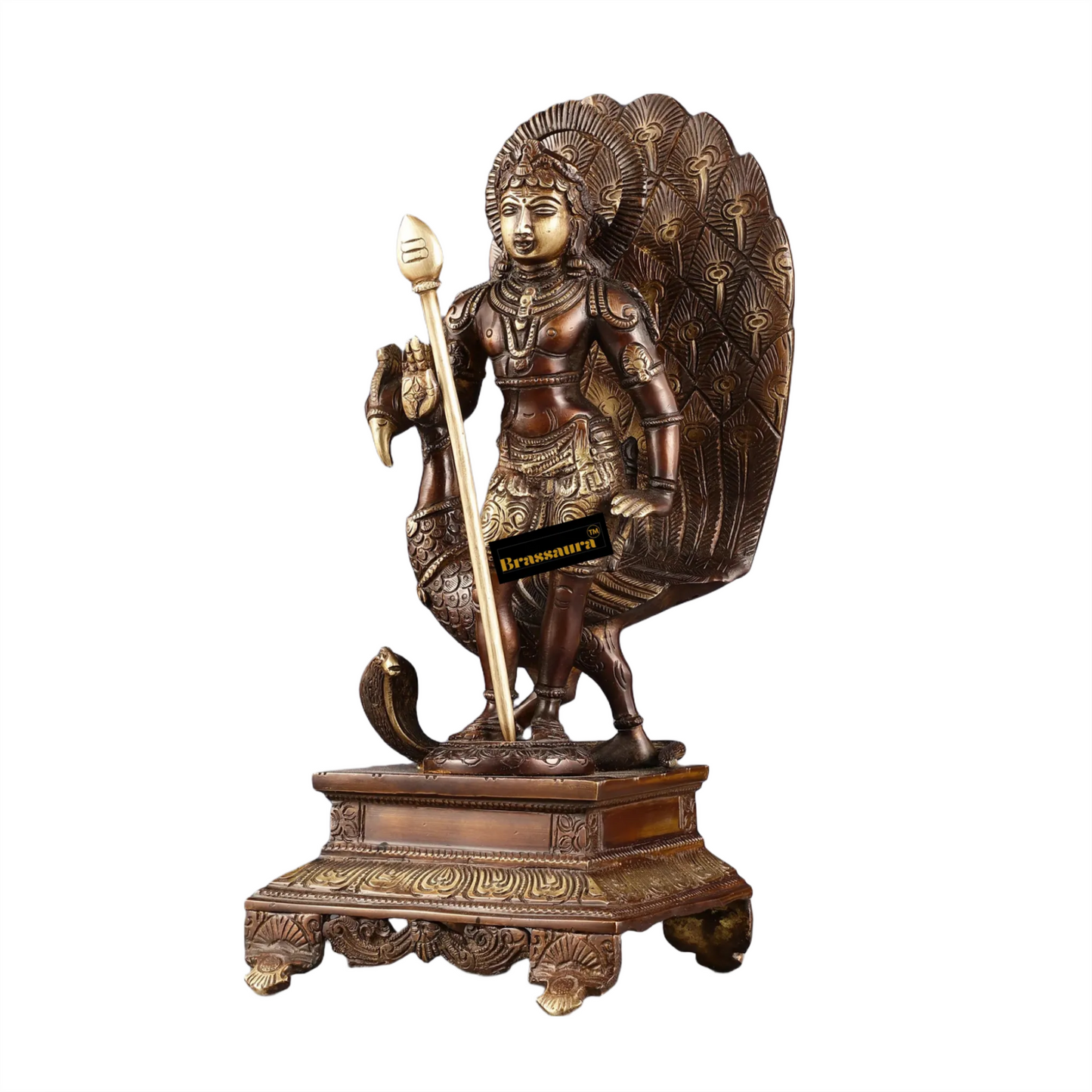 Brassaura™ Handcrafted Lord Murugan Brass Idol – 12.5 Inches Height, 4.5 Kgs – Chola Brown Antique Finish