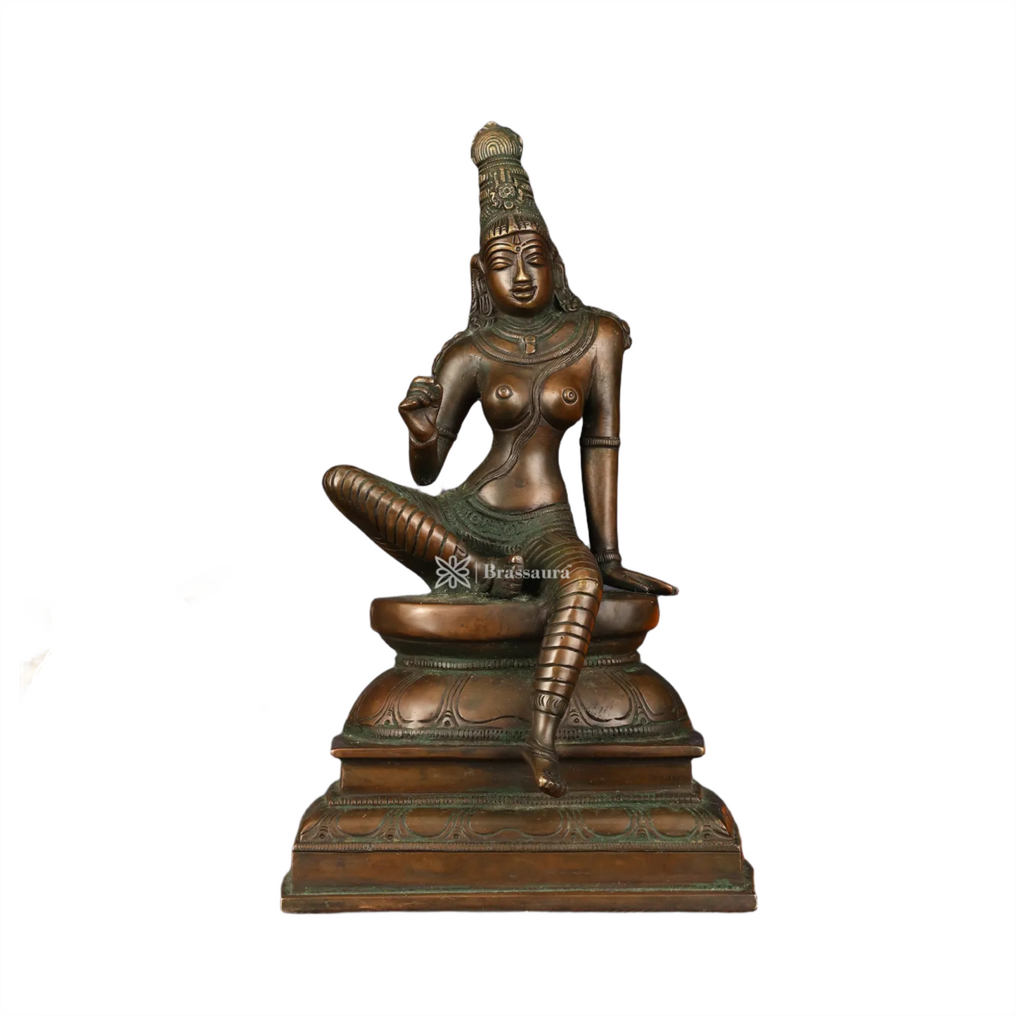 Brassaura™ Pure Brass Superfine Seated Parvati Idol – 11 Inch Height, 3.810 Kg Weight – Bronze Finish Statue