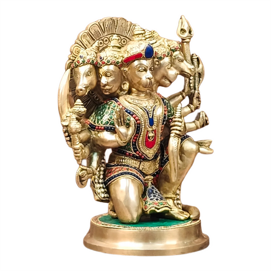 Brassaura™ Brass Panchmukhi Hanuman Idol – Height 11 Inches & Weight 6.6 Kgs | Handcrafted with Natural Stones