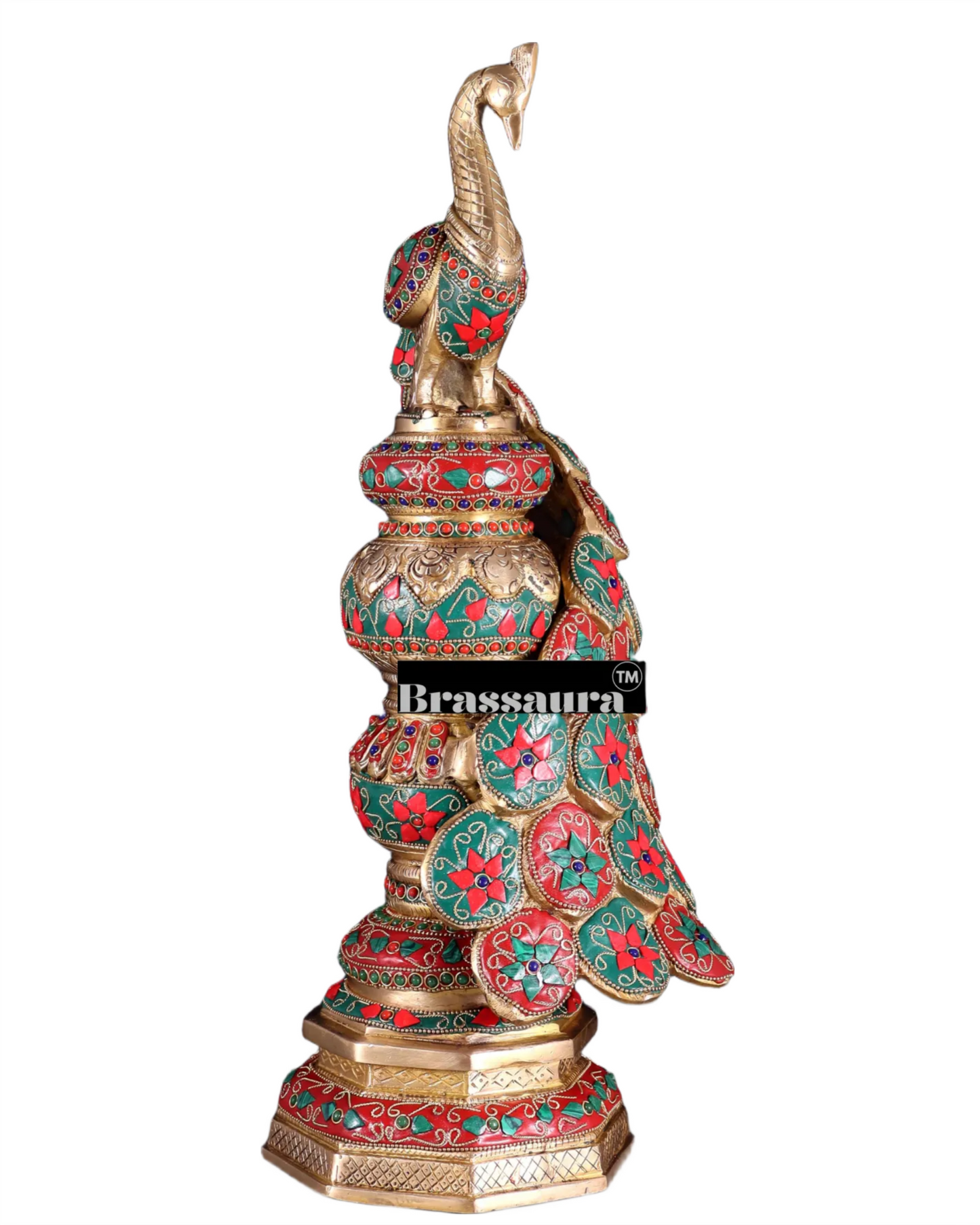 Brassaura™ Brass Large Peacock Showpiece with Meenakari Work – Height 20 Inches & Weight 8.5 Kgs