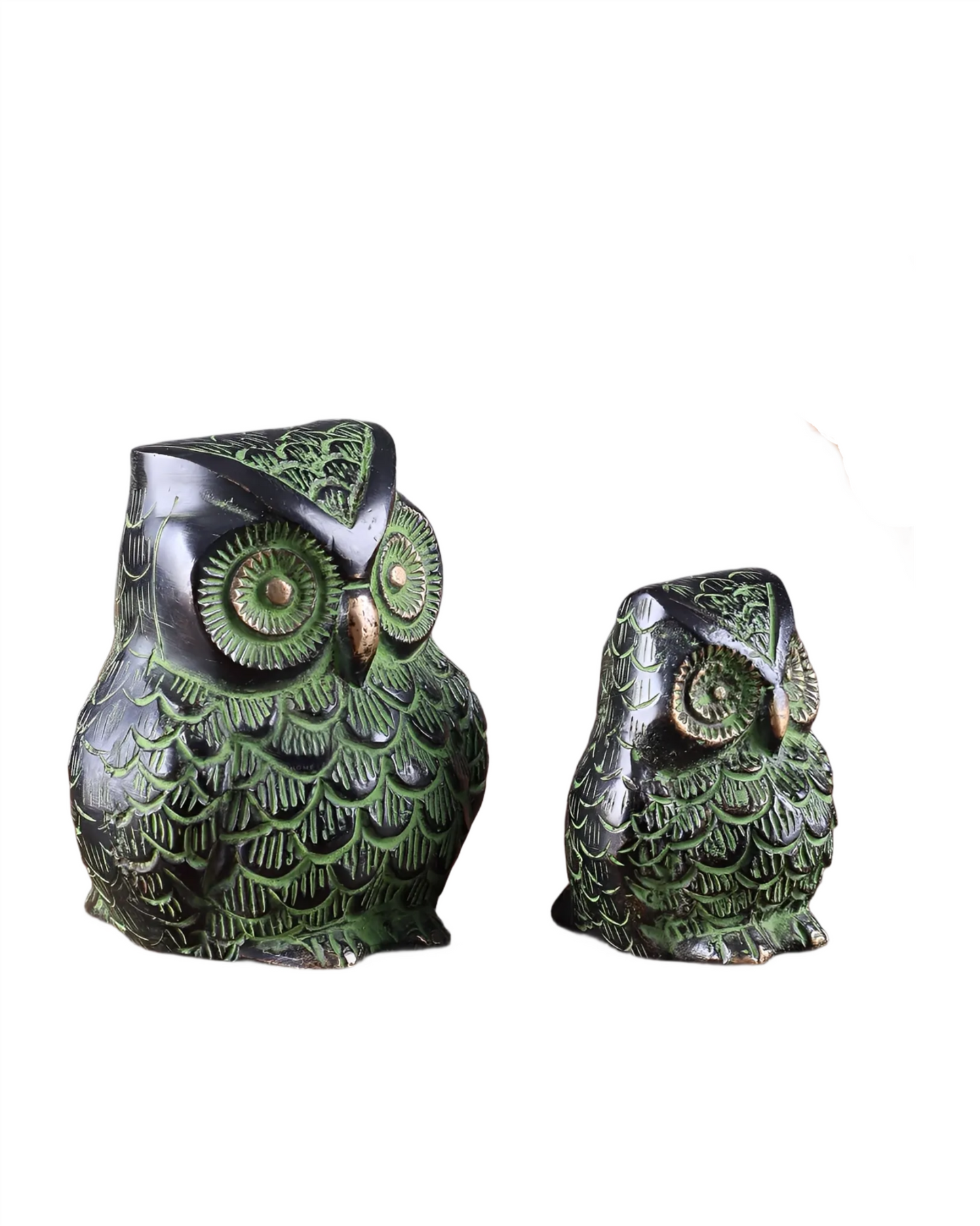 Brass Owl Showpieces (Pair) – Height 3.5 in & 2.5 in, Total Weight 900 g – Black & Green Tone