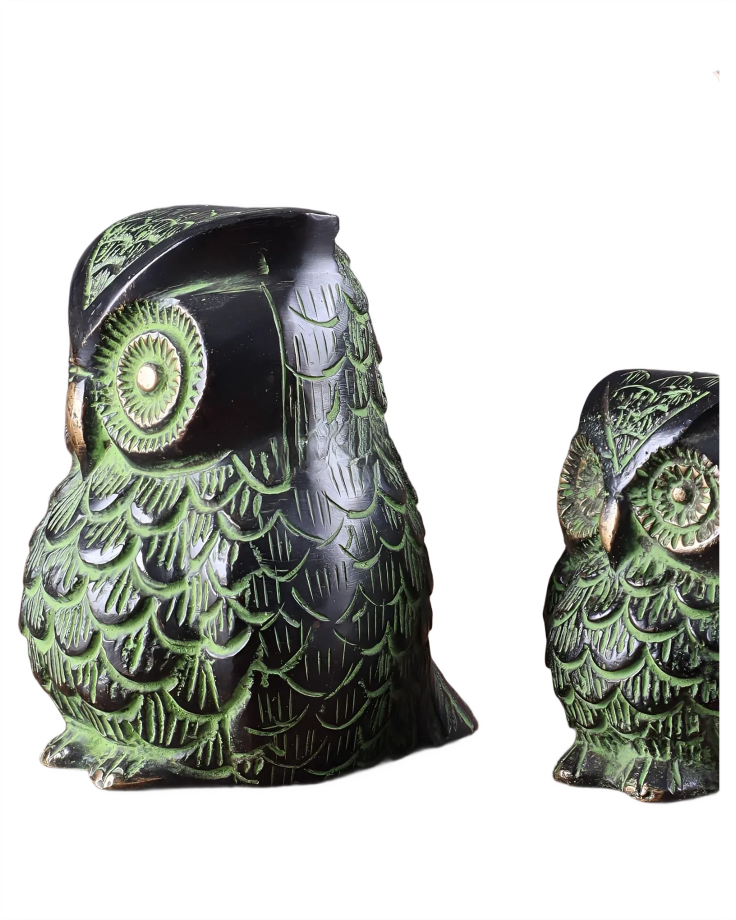 Brass Owl Showpieces (Pair) – Height 3.5 in & 2.5 in, Total Weight 900 g – Black & Green Tone